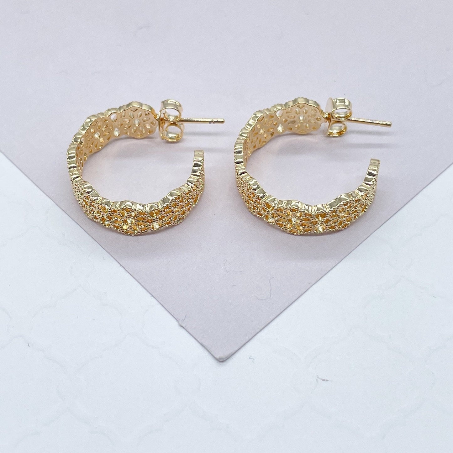 18k Gold Filled Dotted Flower Open Hoop Earrings Wholesale Jewelry Supplies