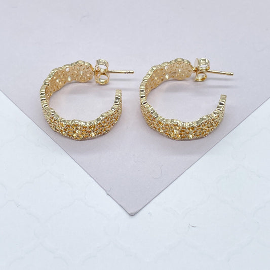 18k Gold Filled Dotted Flower Open Hoop Earrings Wholesale Jewelry Supplies