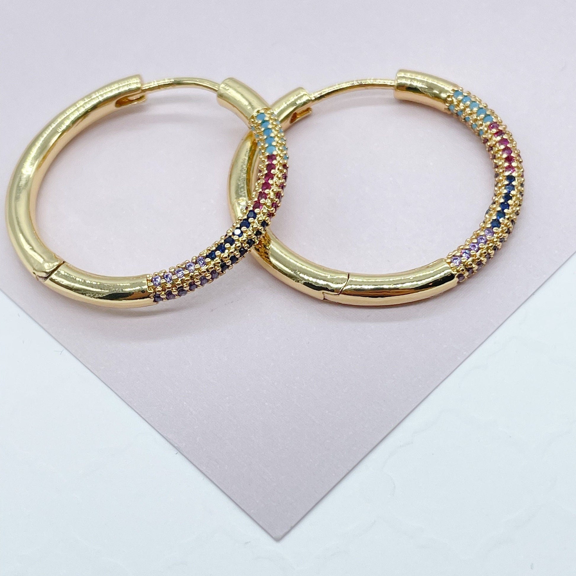 Large Thick 18k Gold Filled Colorful Pave Cubic Zirconia Hoop Earrings 1" Diameter in Size - , Fun Hoop to wear
