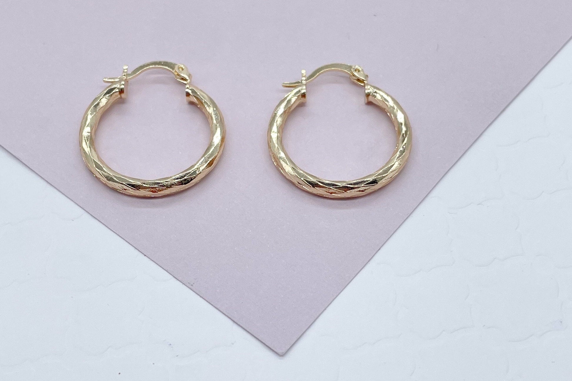 18k Gold Filled Small Diamond Textured Hoops Earrings Available in 25mm For