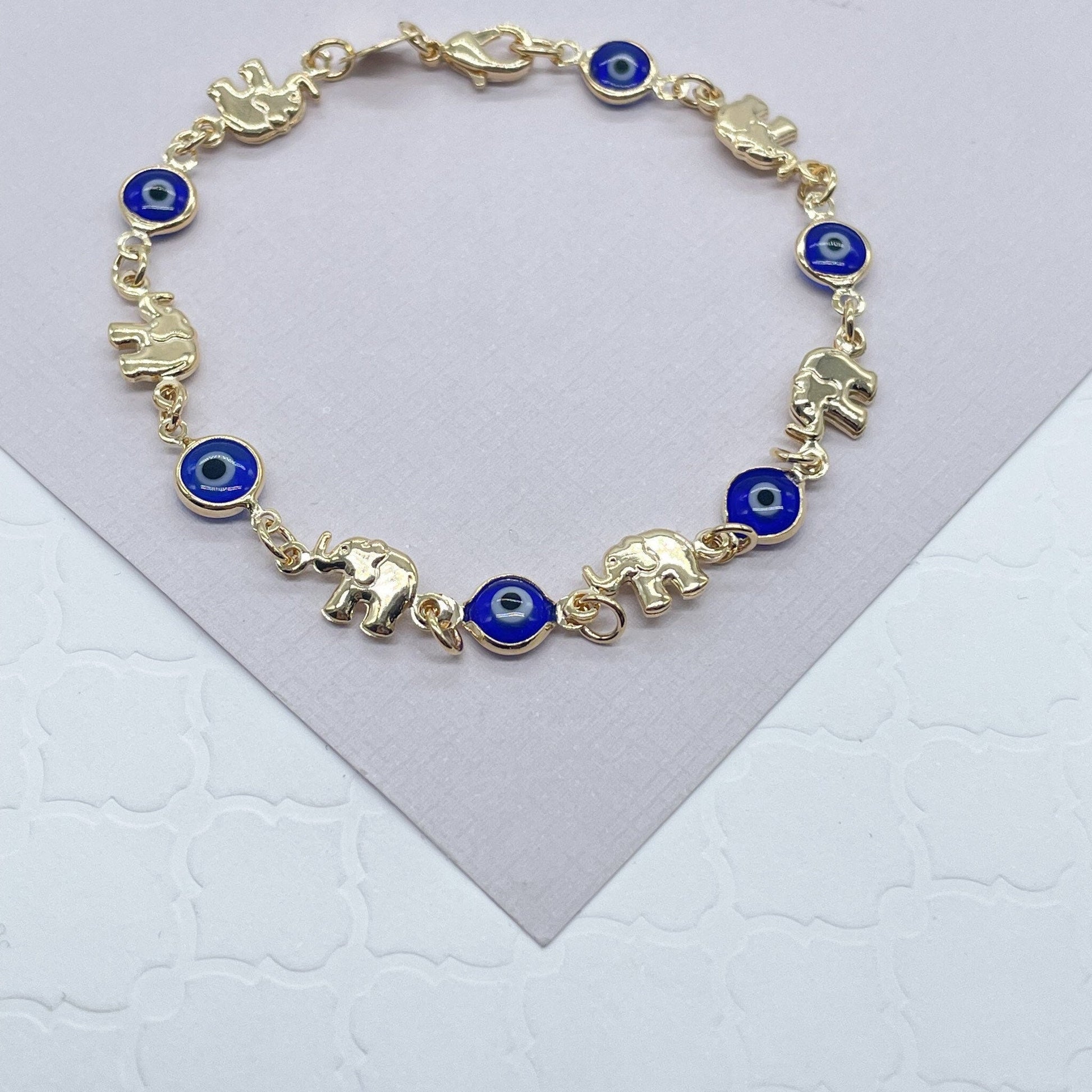 18k Gold Filled Elephant and Evil Eye Bracelet Featuring Red And Blue Evil
