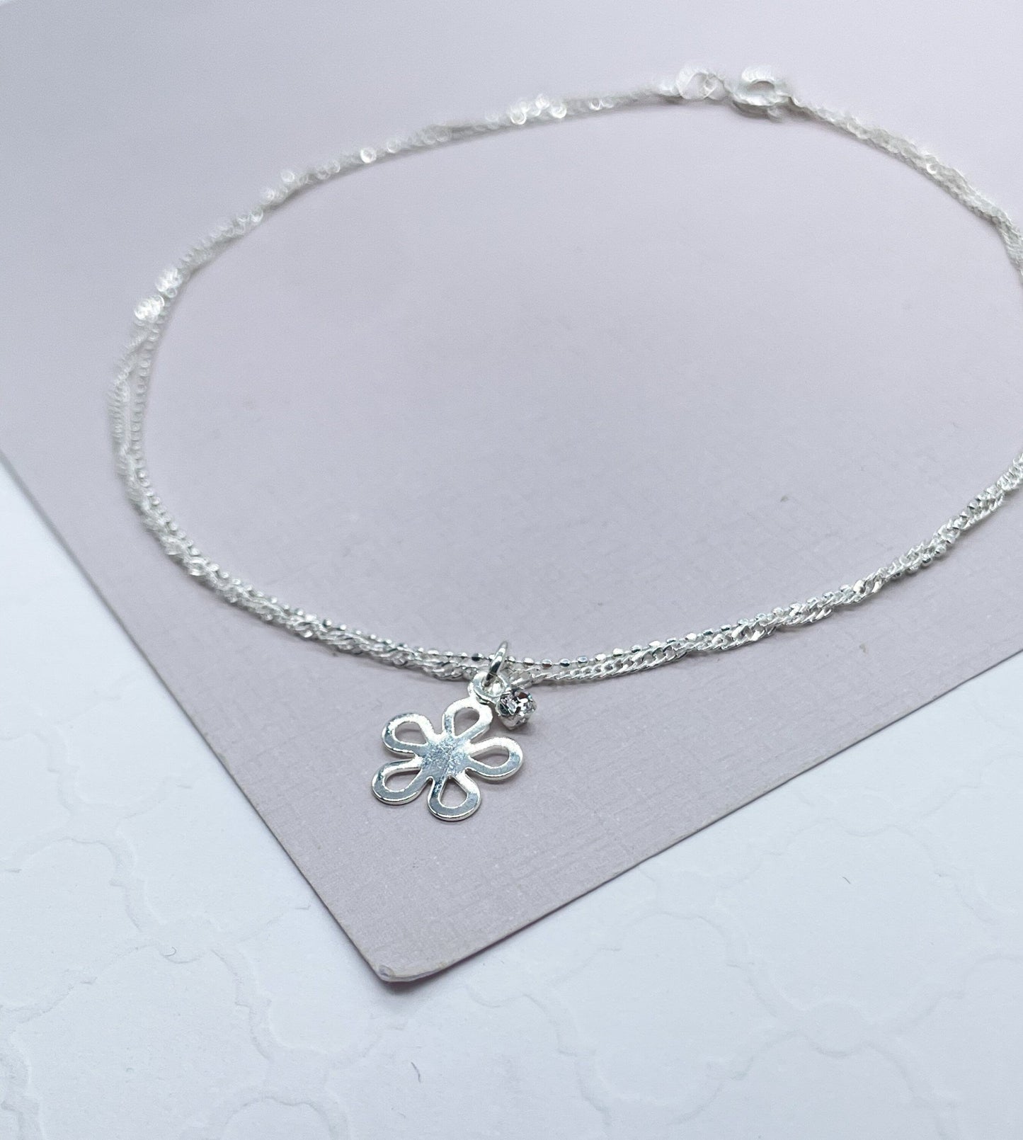 18k Silver Filled Dainty Double-Chain Anklet With Hanging Plain Flower & Zirconia Stone