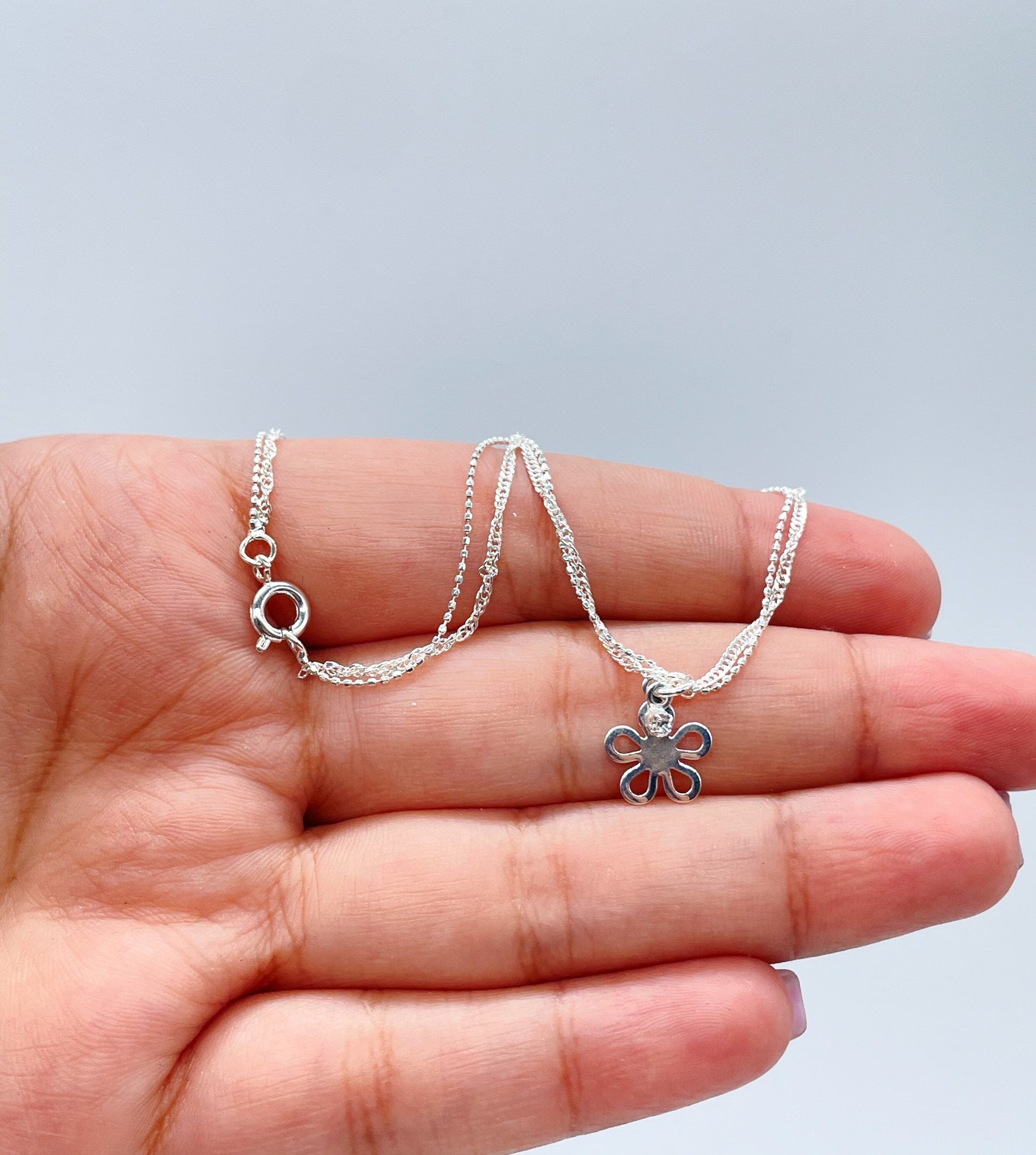 18k Silver Filled Dainty Double-Chain Anklet With Hanging Plain Flower & Zirconia Stone