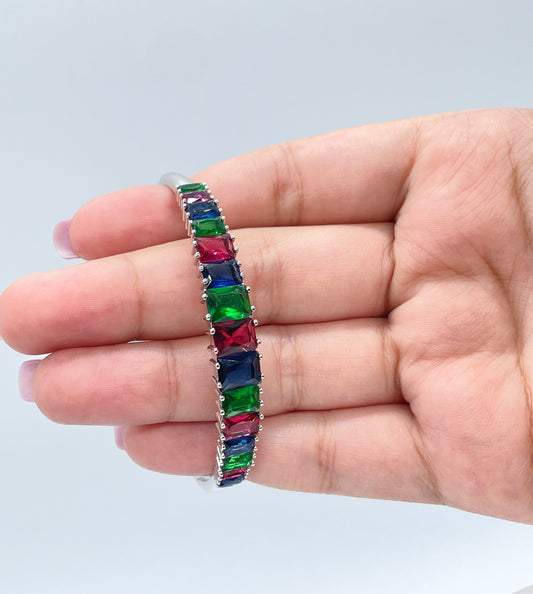 Silver Bangle In White Gold Featuring Colorful Crystals