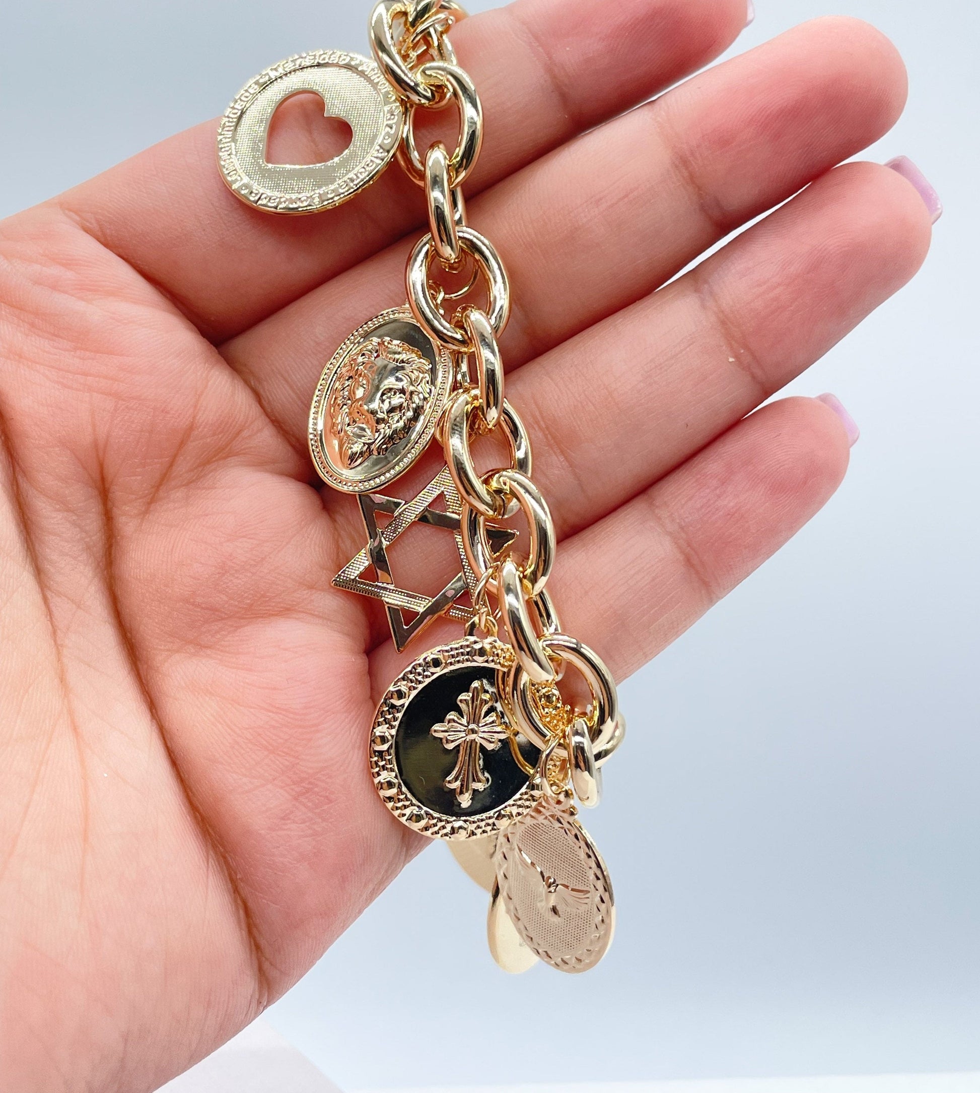 18k Gold Filled Bracelet With Mixed Religious and Protection Charms