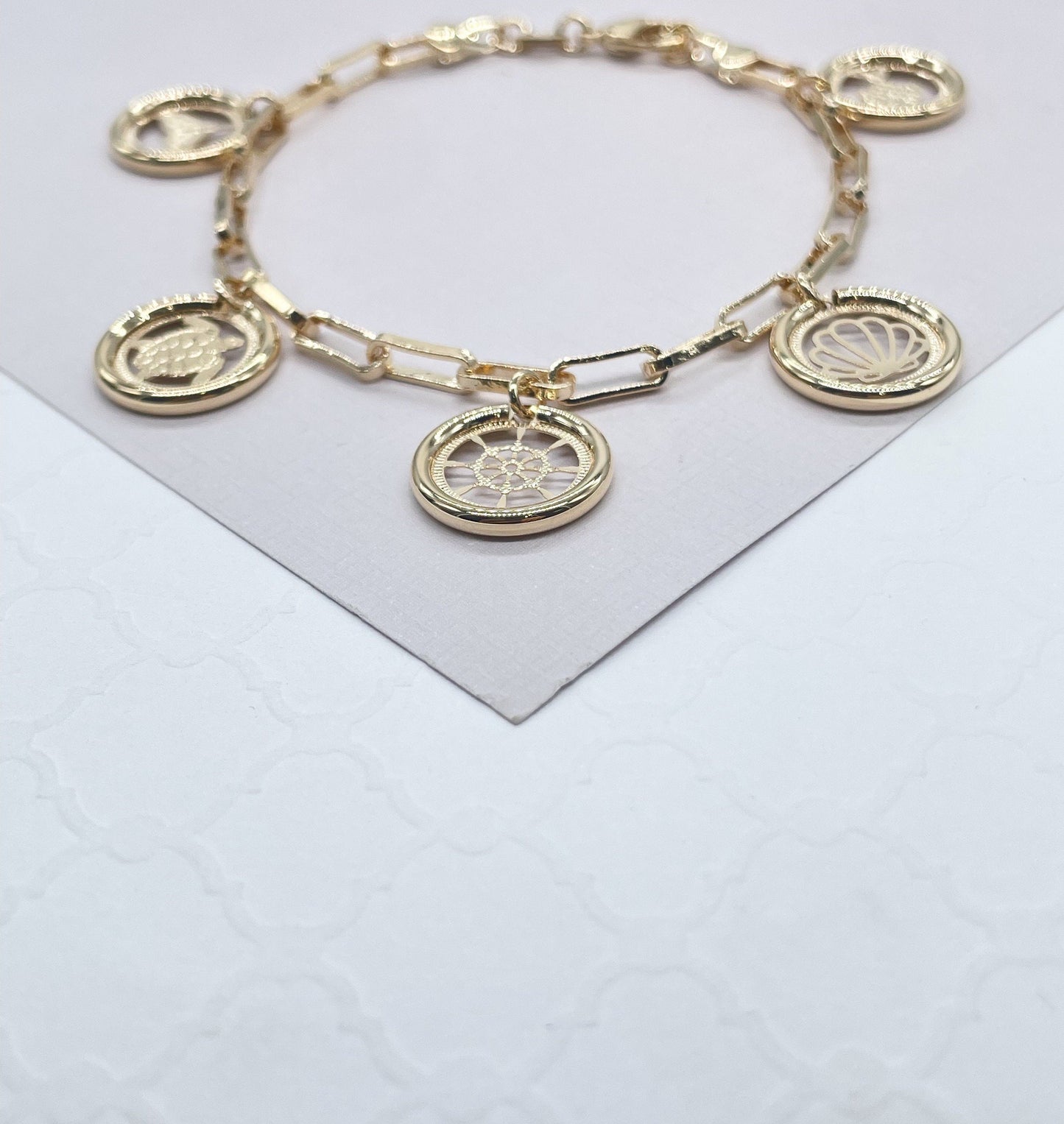 18k Gold Filled PaperClip Bracelet With Multiple Sea Creatures Charms