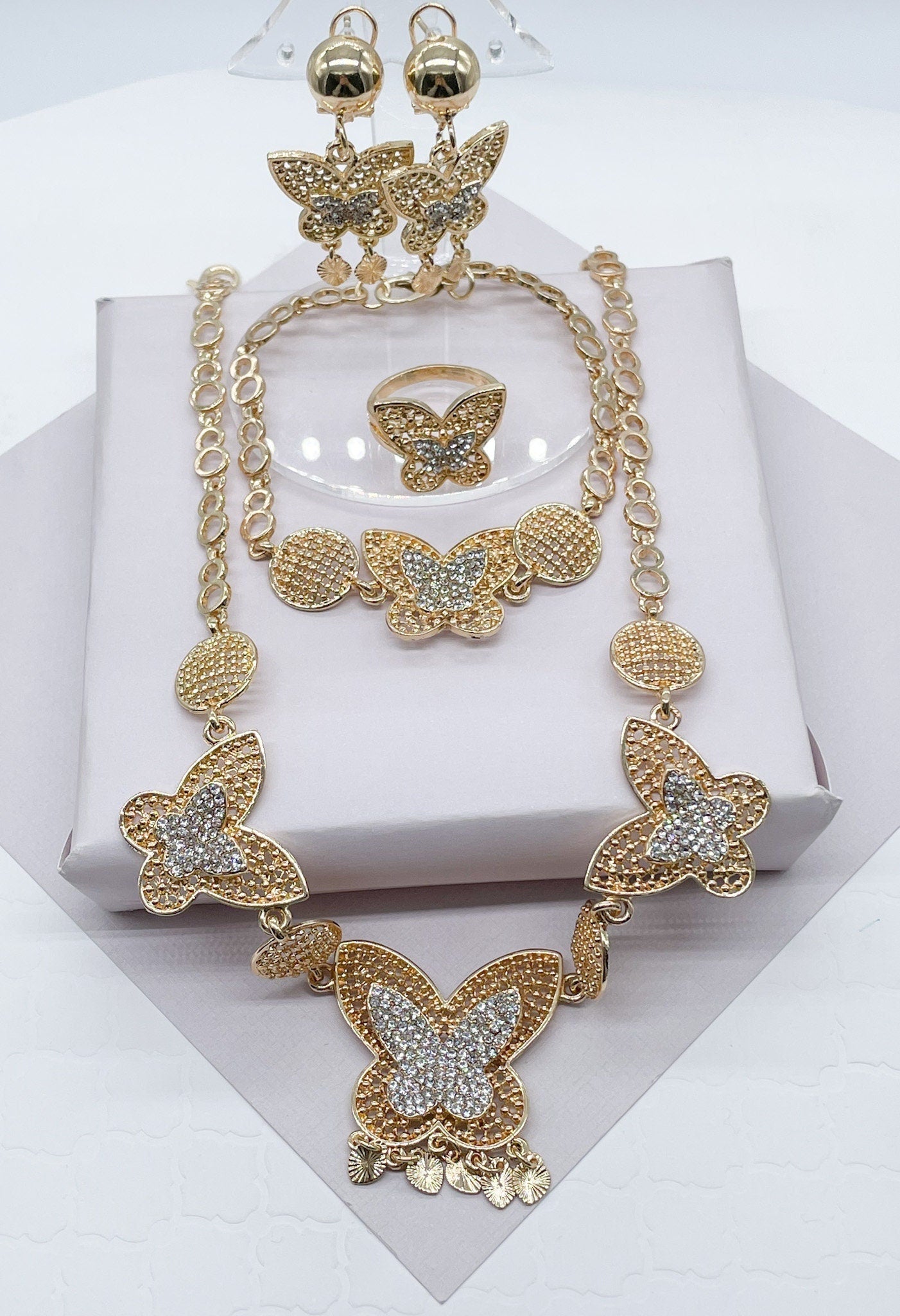 18k Gold Filled Cubic Zirconia Butterfly Light Set, Chunky Jewelry Gold Filled