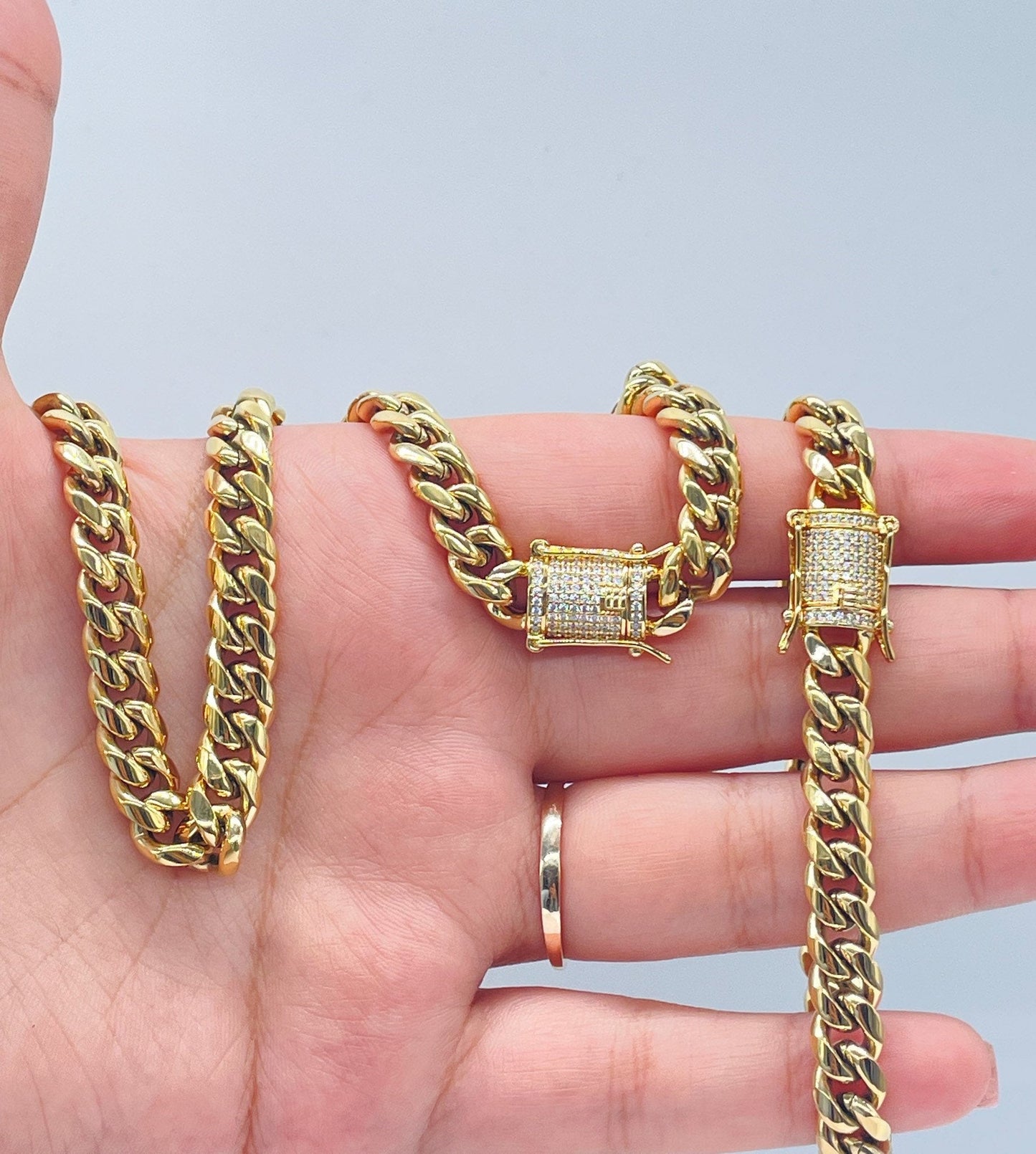 18k Gold Filled Original 8mm Miami Cuban Link Necklace and Bracelet featuring Zirconia Box Clasp