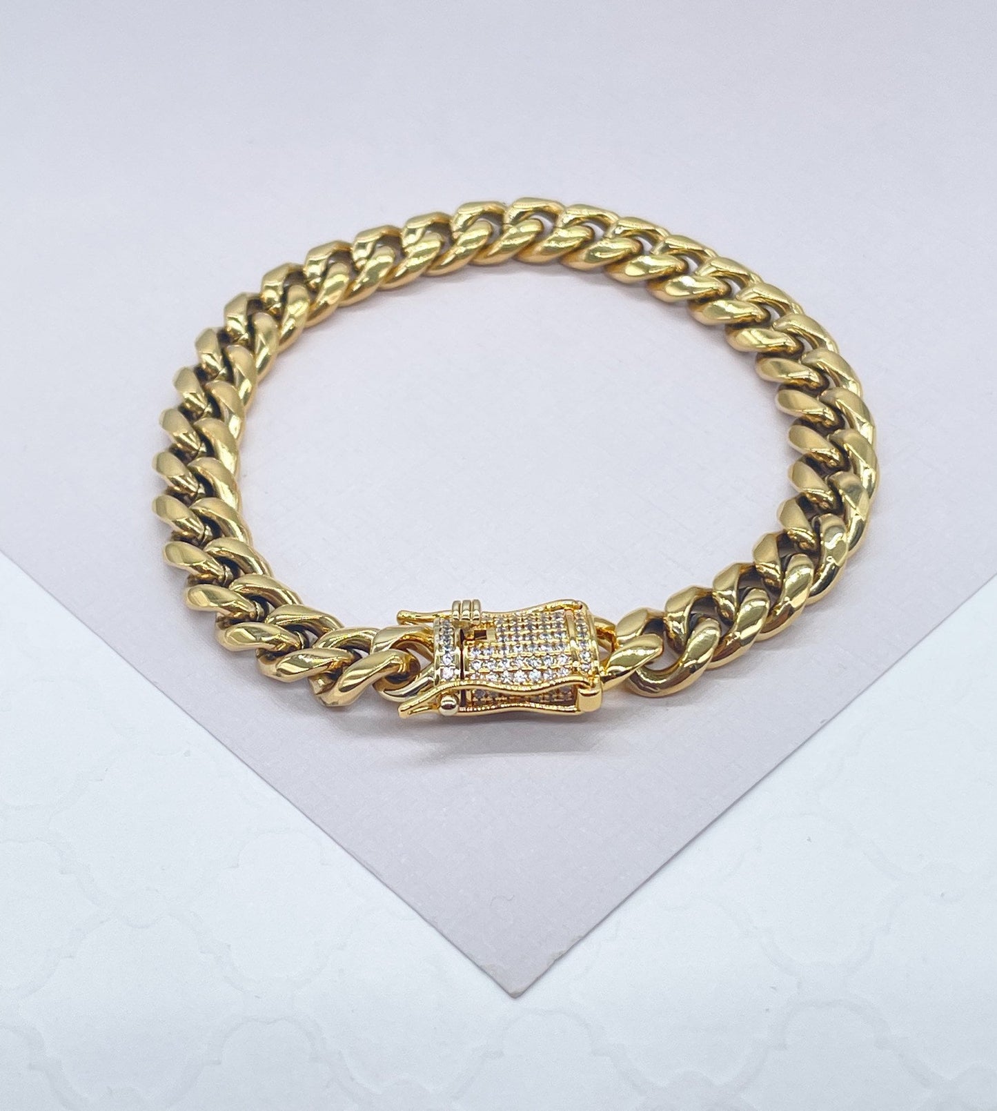 18k Gold Filled Original 8mm Miami Cuban Link Necklace and Bracelet featuring Zirconia Box Clasp