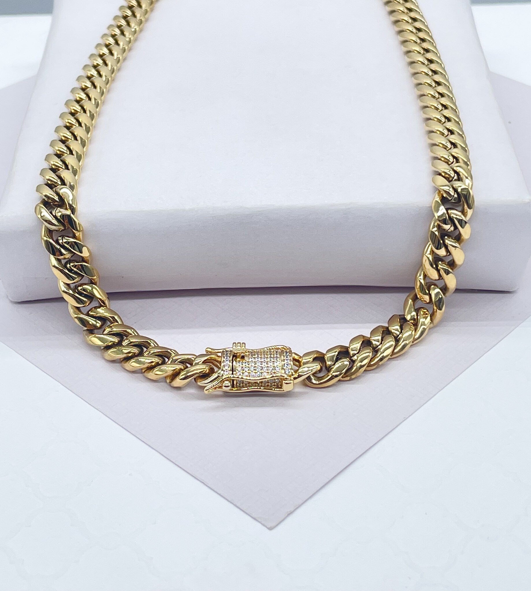 18k Gold Filled Original 8mm Miami Cuban Link Necklace and Bracelet featuring Zirconia Box Clasp