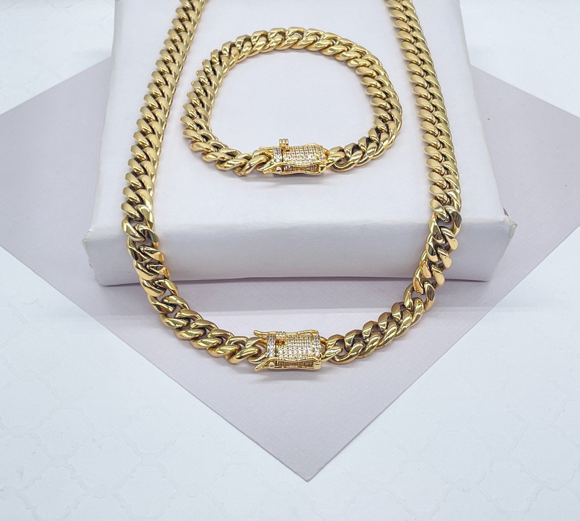 18k Gold Filled Original 8mm Miami Cuban Link Necklace and Bracelet featuring Zirconia Box Clasp