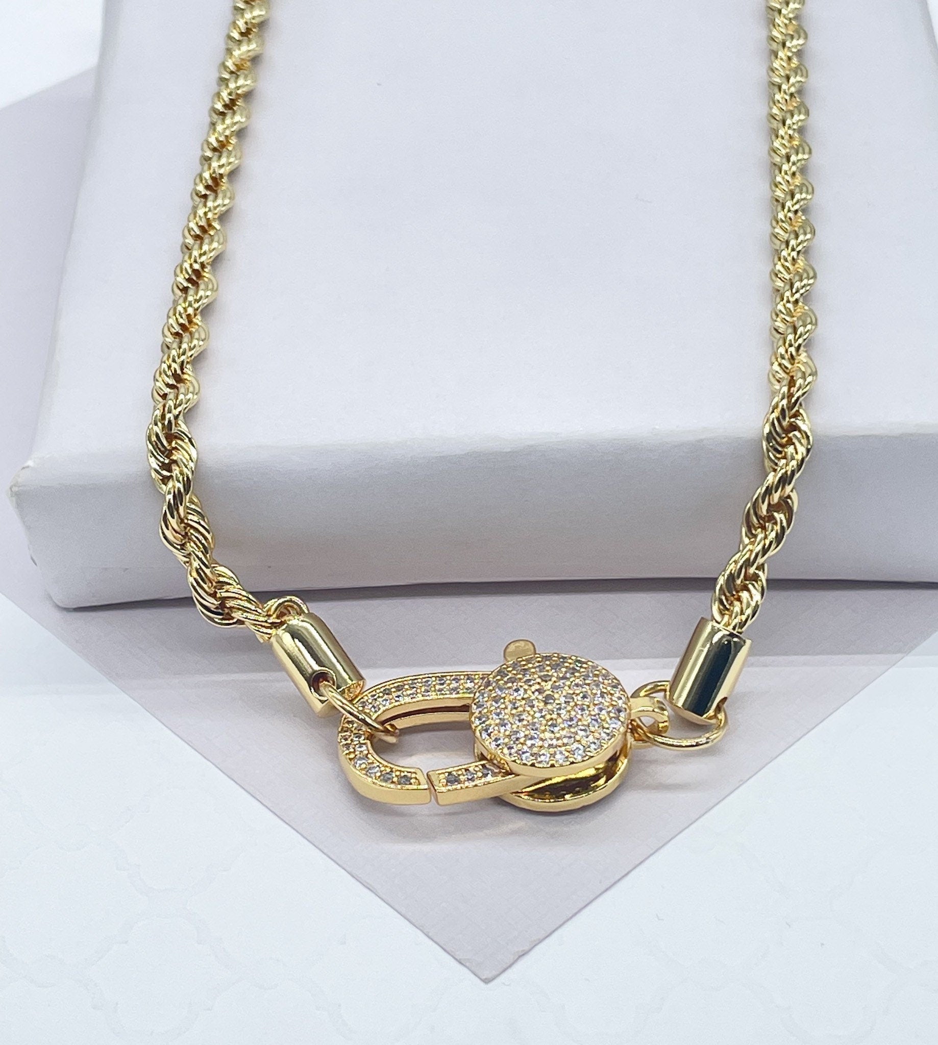 18k Gold Filled 5mm Thick Rope Choker Necklace featuring Large Pave Micro Zirconia Lobster Clasp