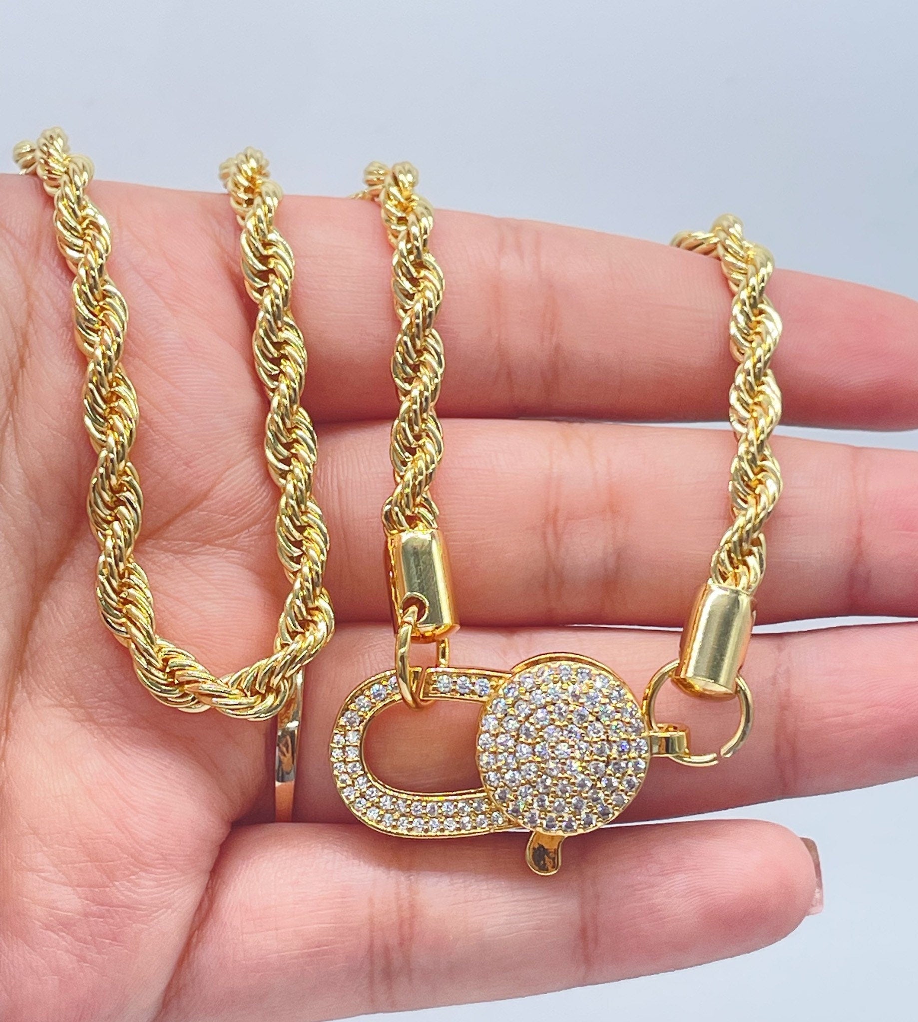 18k Gold Filled 5mm Thick Rope Choker Necklace featuring Large Pave Micro Zirconia Lobster Clasp