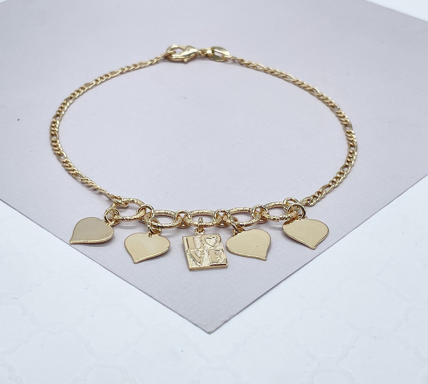 18k Gold Filled Figaro Anklet With Plain Heart Charms & Love Charm