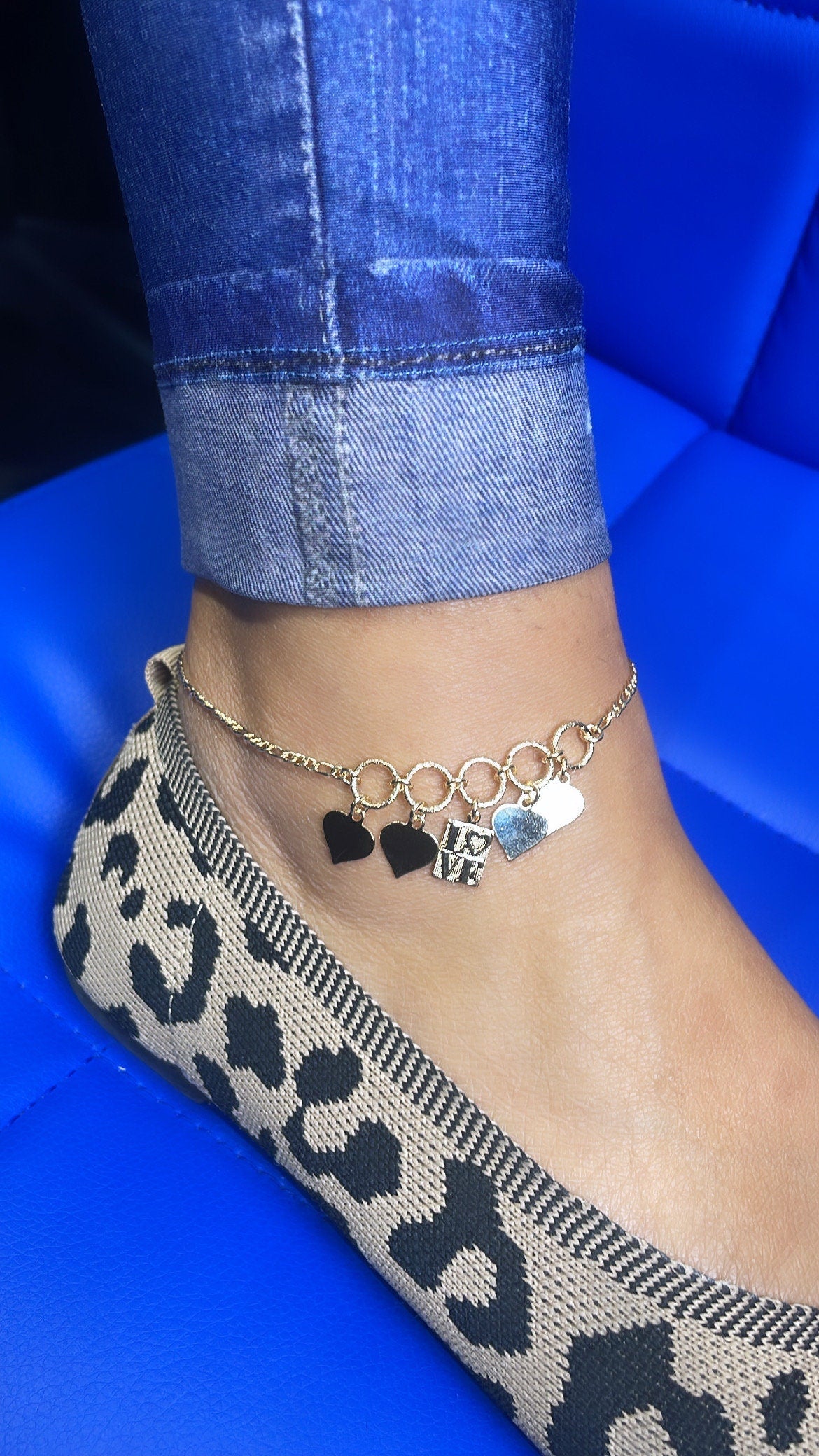 18k Gold Filled Figaro Anklet With Plain Heart Charms & Love Charm