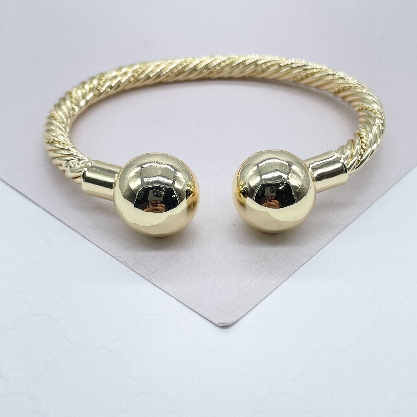 18k Gold Filled Twisted Bangle Featuring Two Solid Balls On Top Wholesale