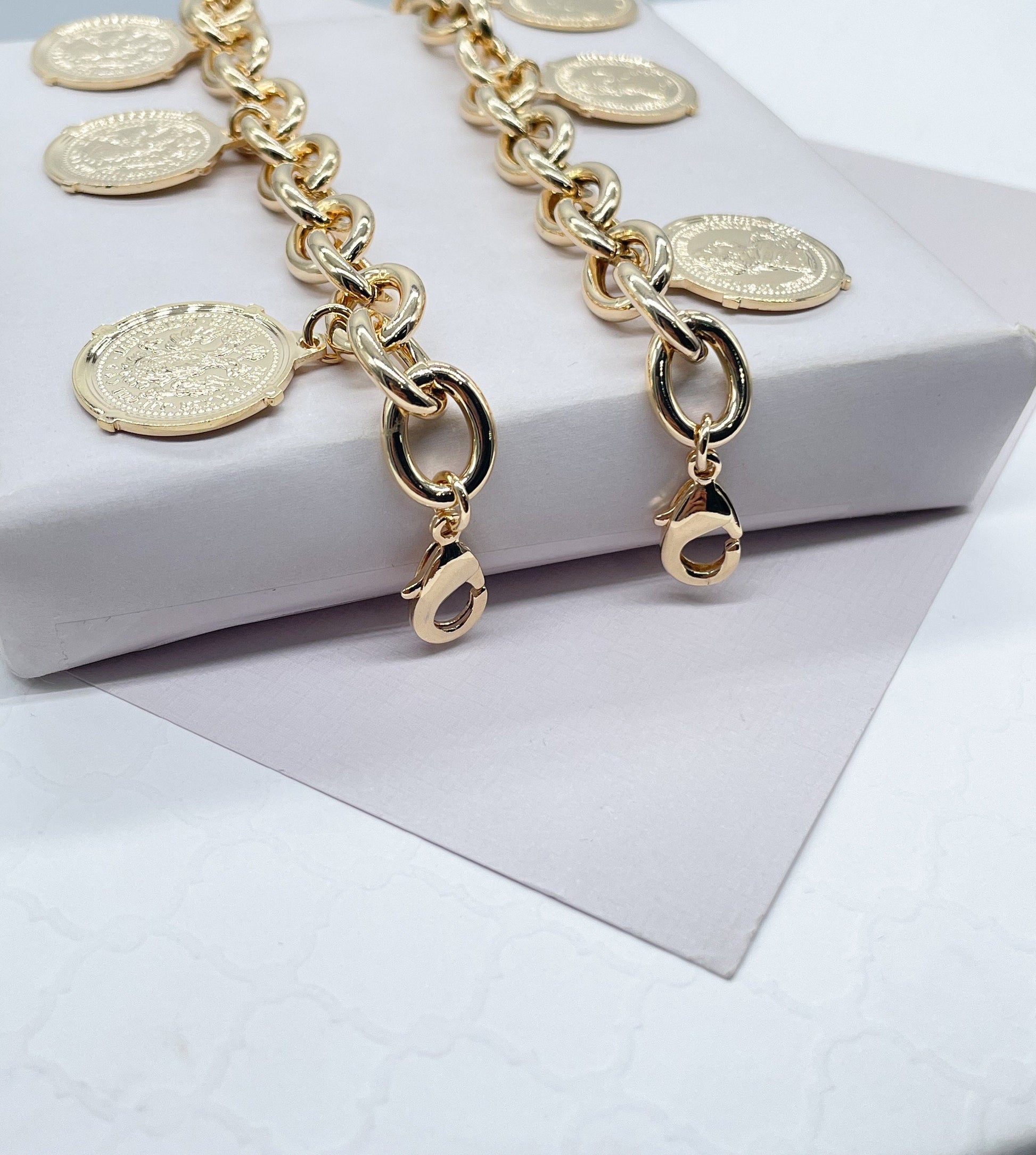 Chunky 18k Gold Filled Coin Money Medallion Charm Bracelet Coin Pendants Lucky Bracelet Link Chain