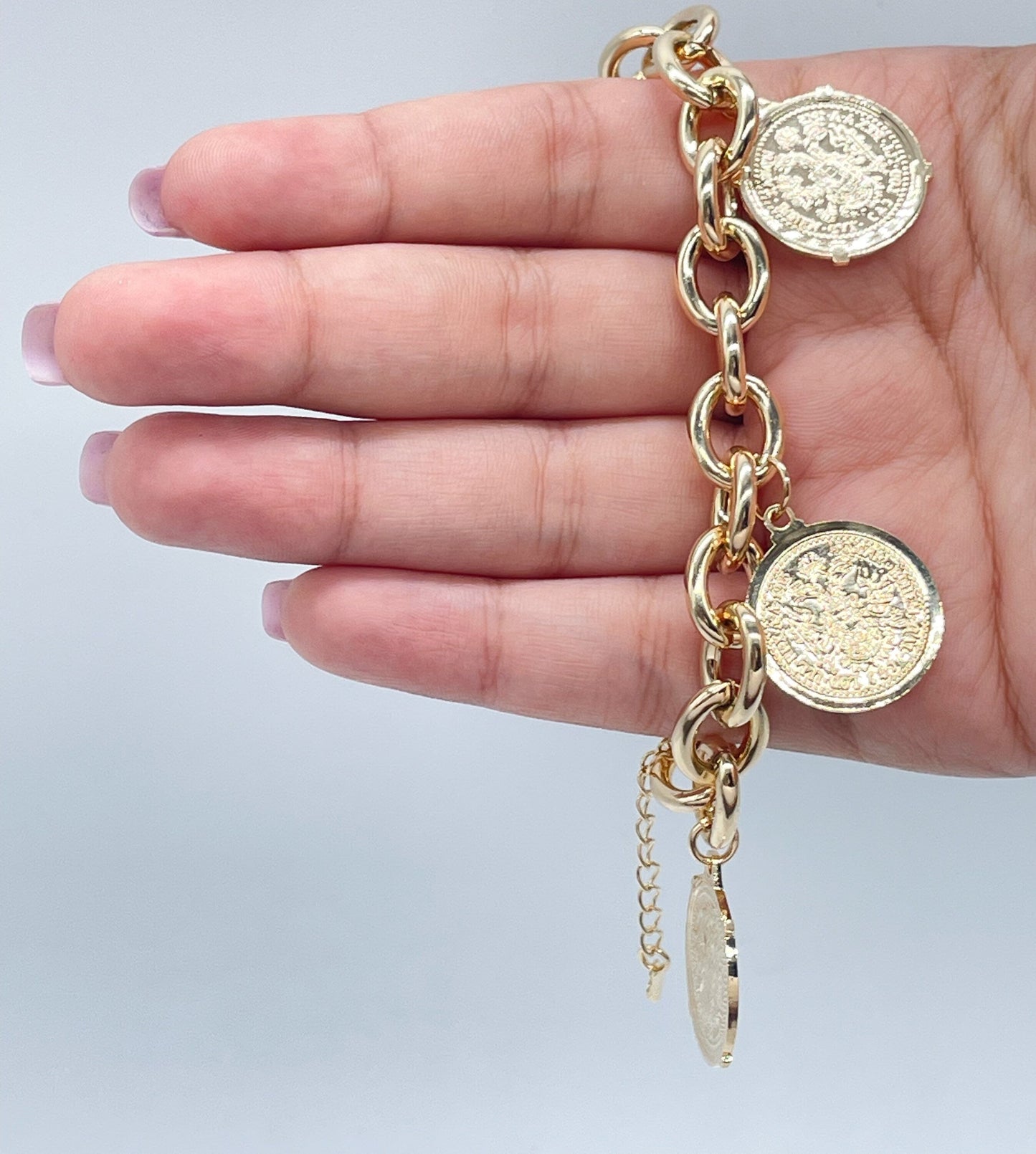 Chunky 18k Gold Filled Coin Money Medallion Charm Bracelet Coin Pendants Lucky Bracelet Link Chain