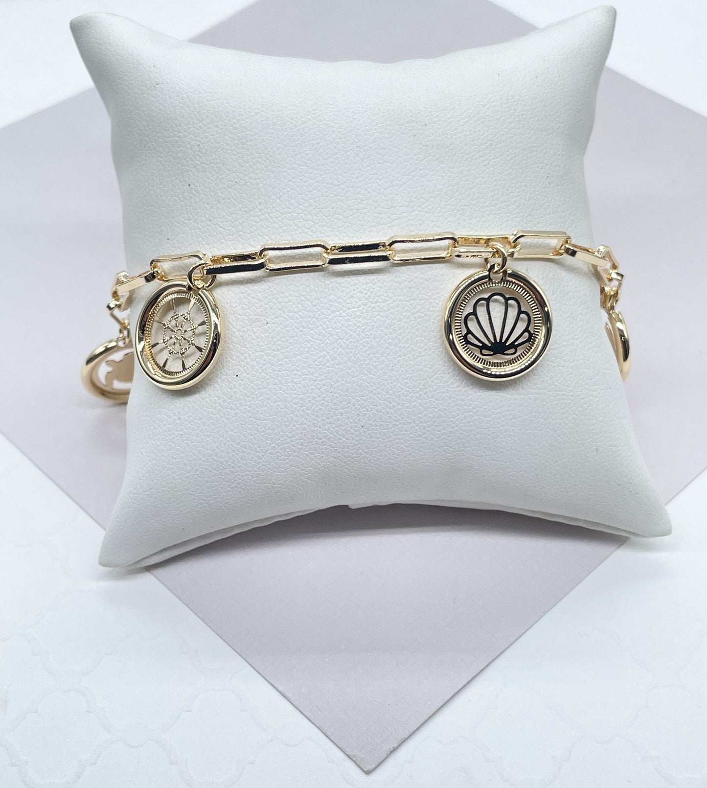 18k Gold Filled PaperClip Bracelet With Multiple Sea Creatures Charms