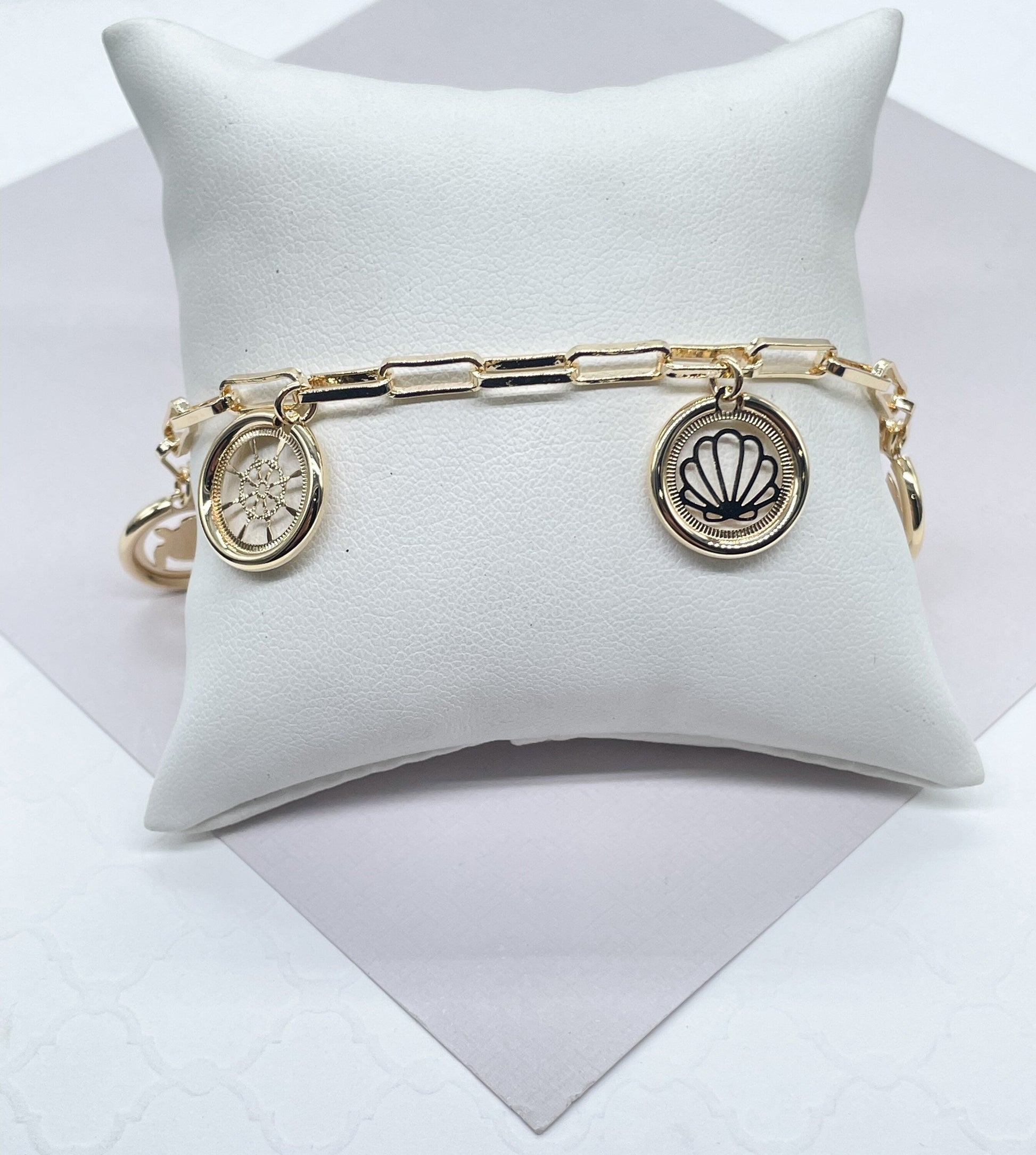 18k Gold Filled PaperClip Bracelet With Multiple Sea Creatures Charms
