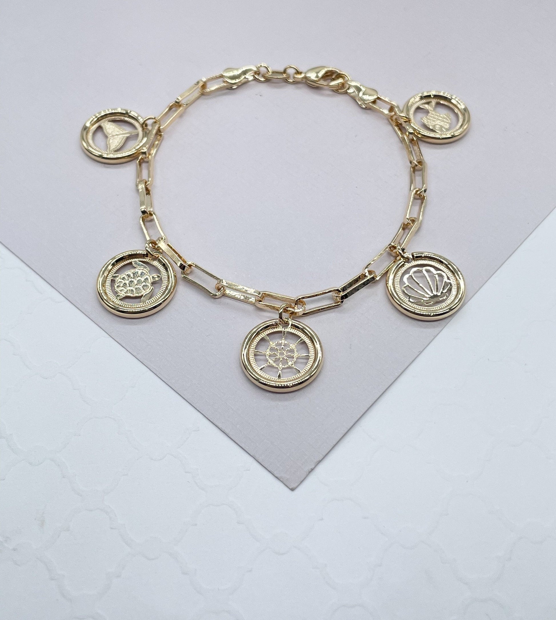 18k Gold Filled PaperClip Bracelet With Multiple Sea Creatures Charms
