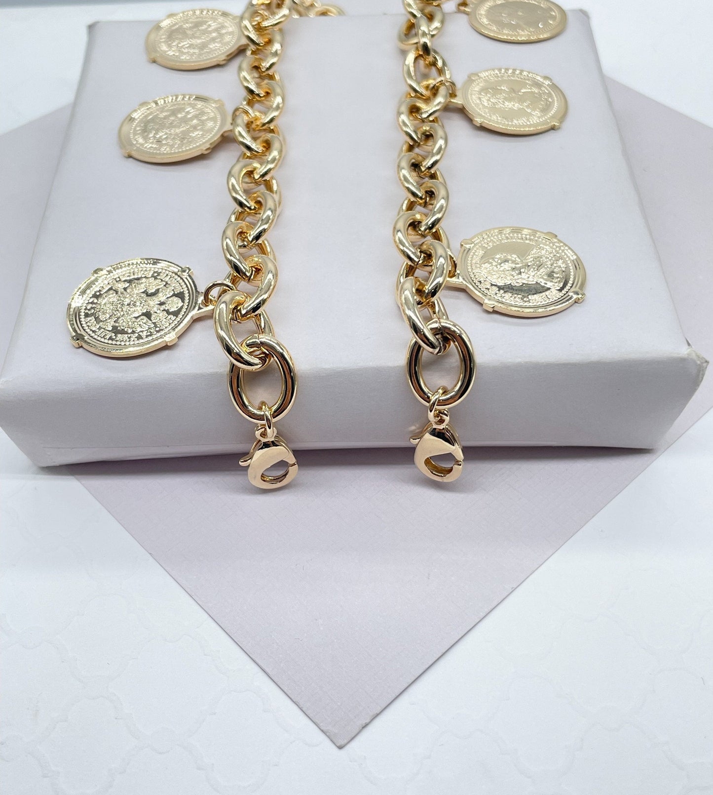Chunky 18k Gold Filled Coin Charm Bracelet: Saint Benedict Medallion