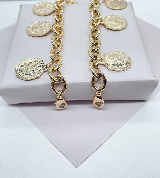 Chunky 18k Gold Filled Coin Charm Bracelet: Saint Benedict Medallion