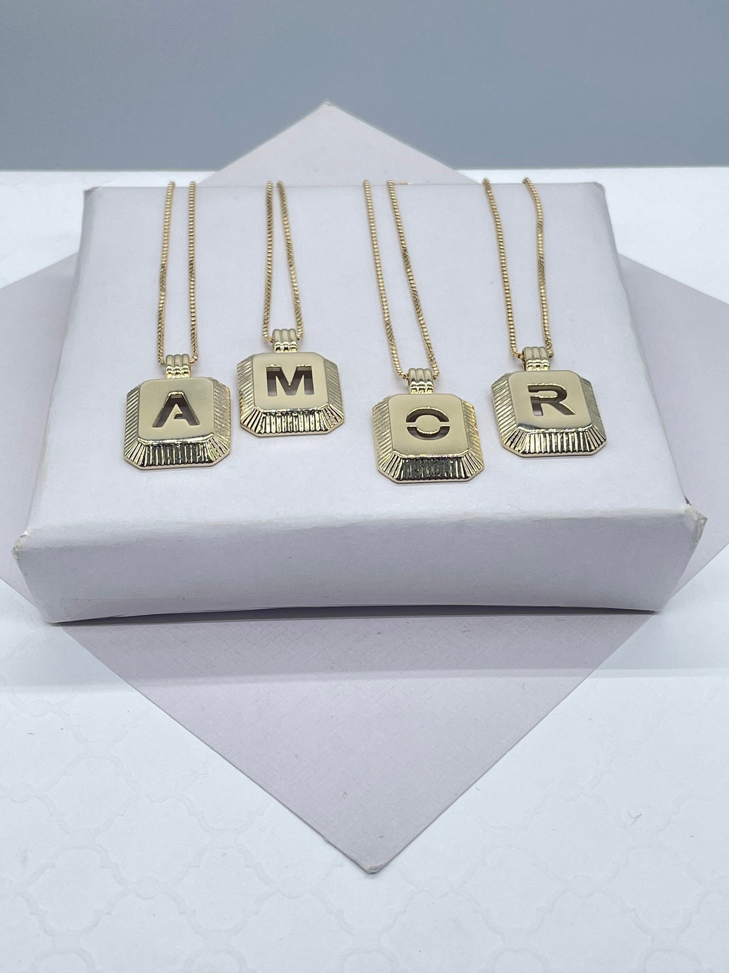 18k Gold Filled 3-D Initial Charm with Box Chain Necklace