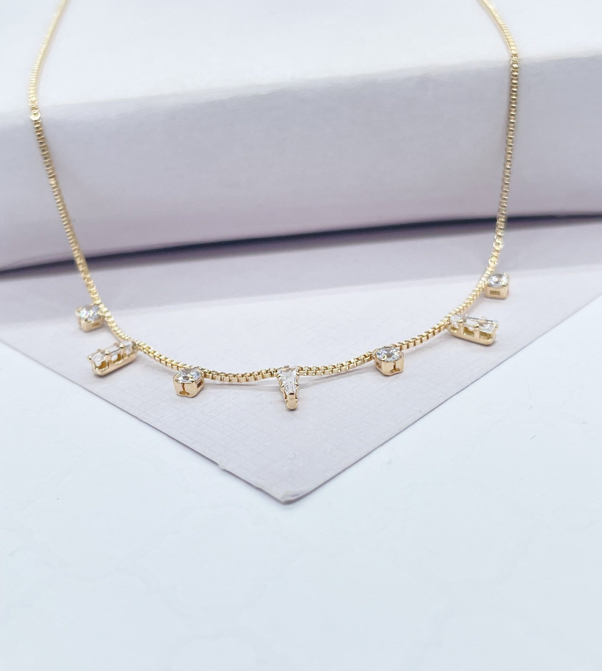18k Gold Filled Dainty Shard Pieces of Zirconia on Box Chain Choker