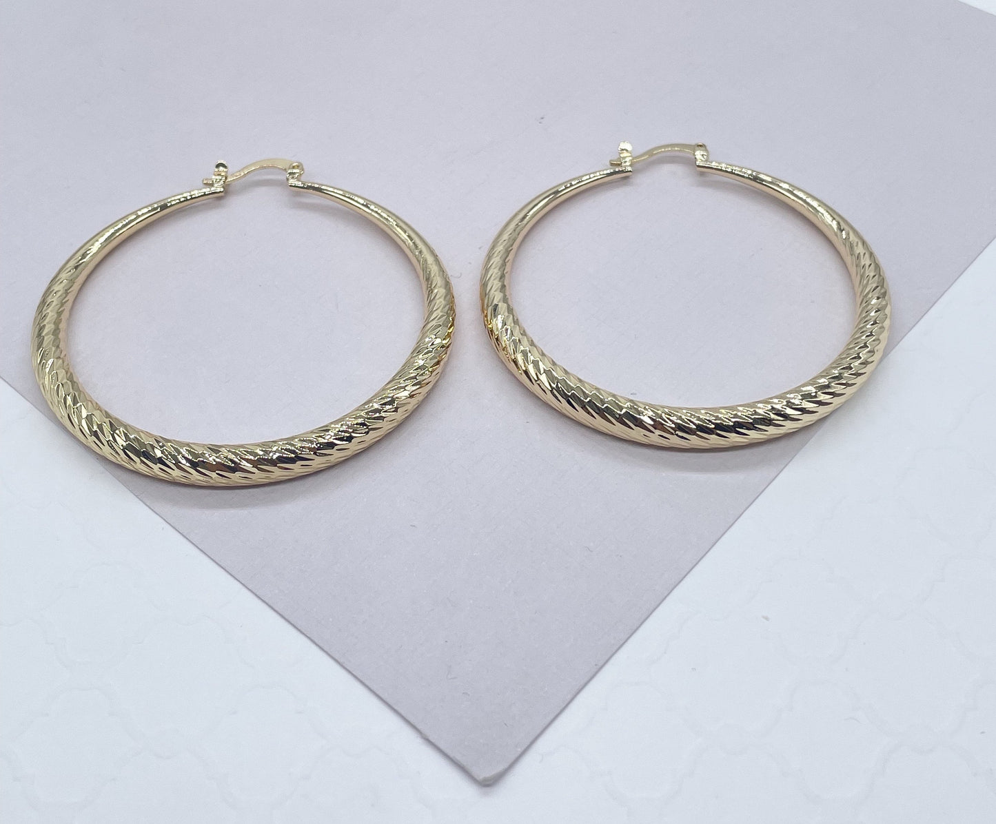 18k Gold Filled Ocean Wave Textured Hoop Earrings 50 mm Diameter