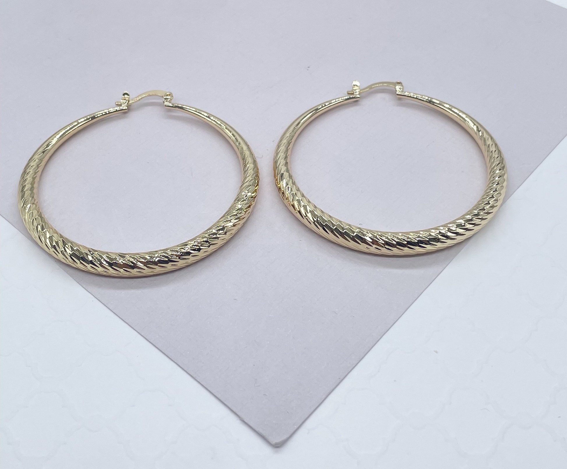 18k Gold Filled Ocean Wave Textured Hoop Earrings 50 mm Diameter