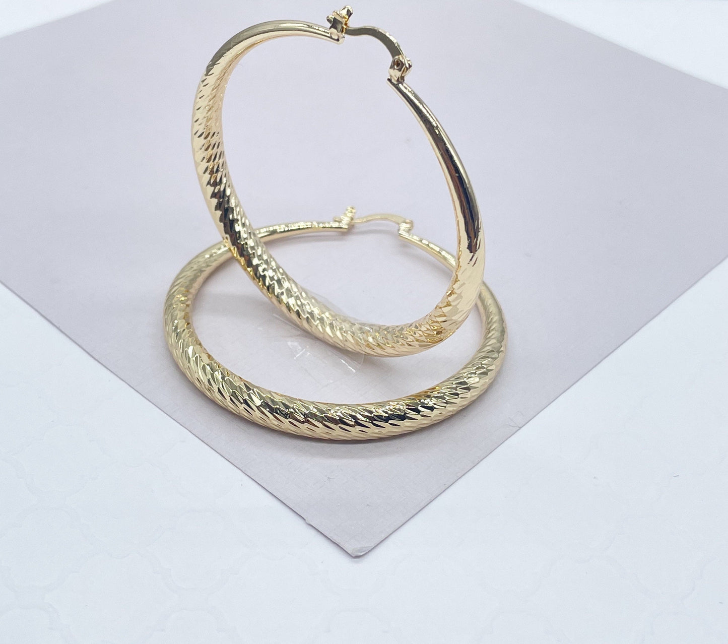 18k Gold Filled Ocean Wave Textured Hoop Earrings 50 mm Diameter