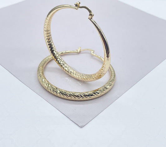 18k Gold Filled Ocean Wave Textured Hoop Earrings 50 mm Diameter