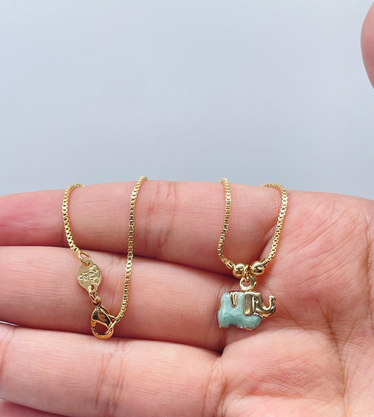 18k Gold Filled Box Chain Anklet With Pastel Colored Elephant Charm