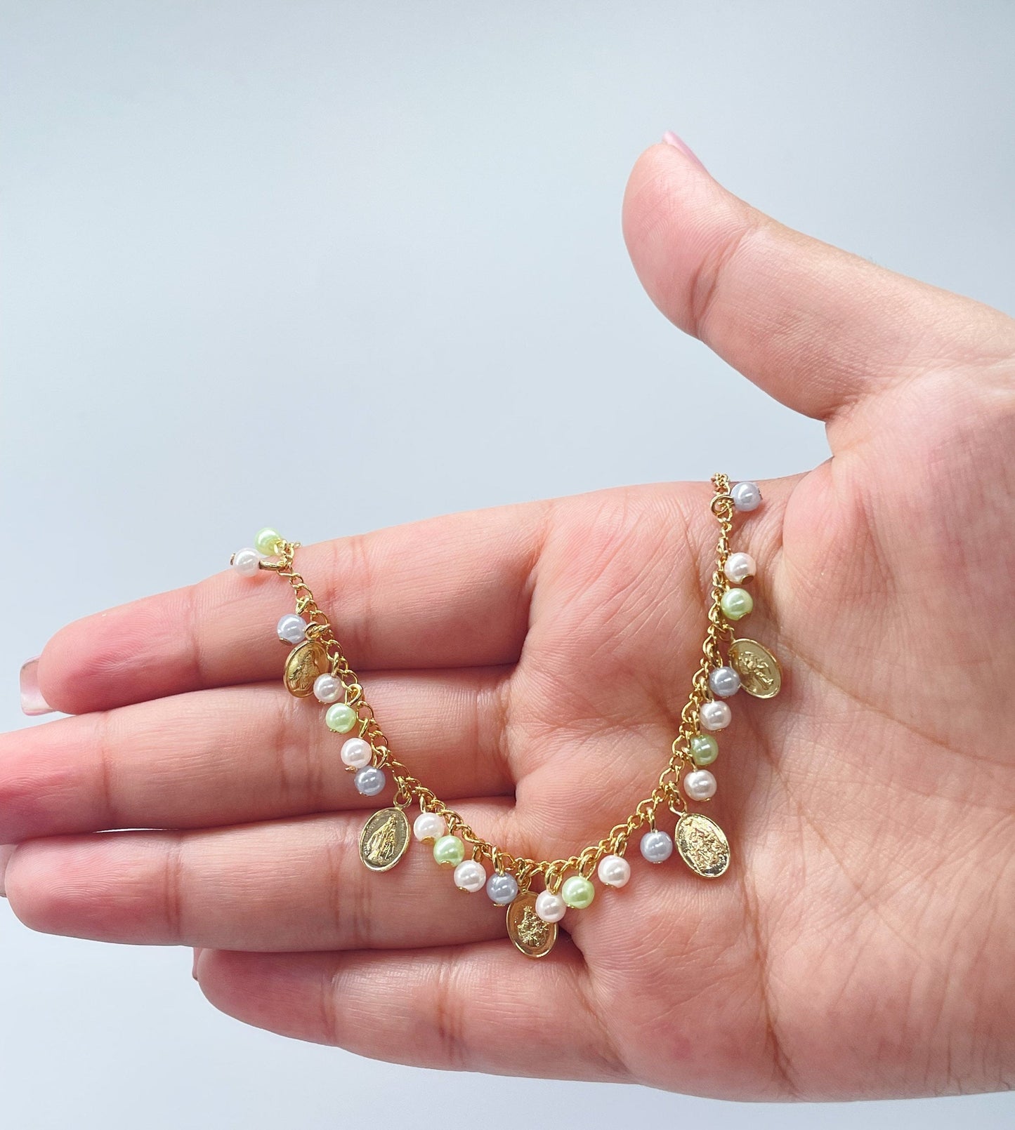 18k Gold Filled Dainty Anklet With Pastel Bead Charms and Small Virgin Mary Medals