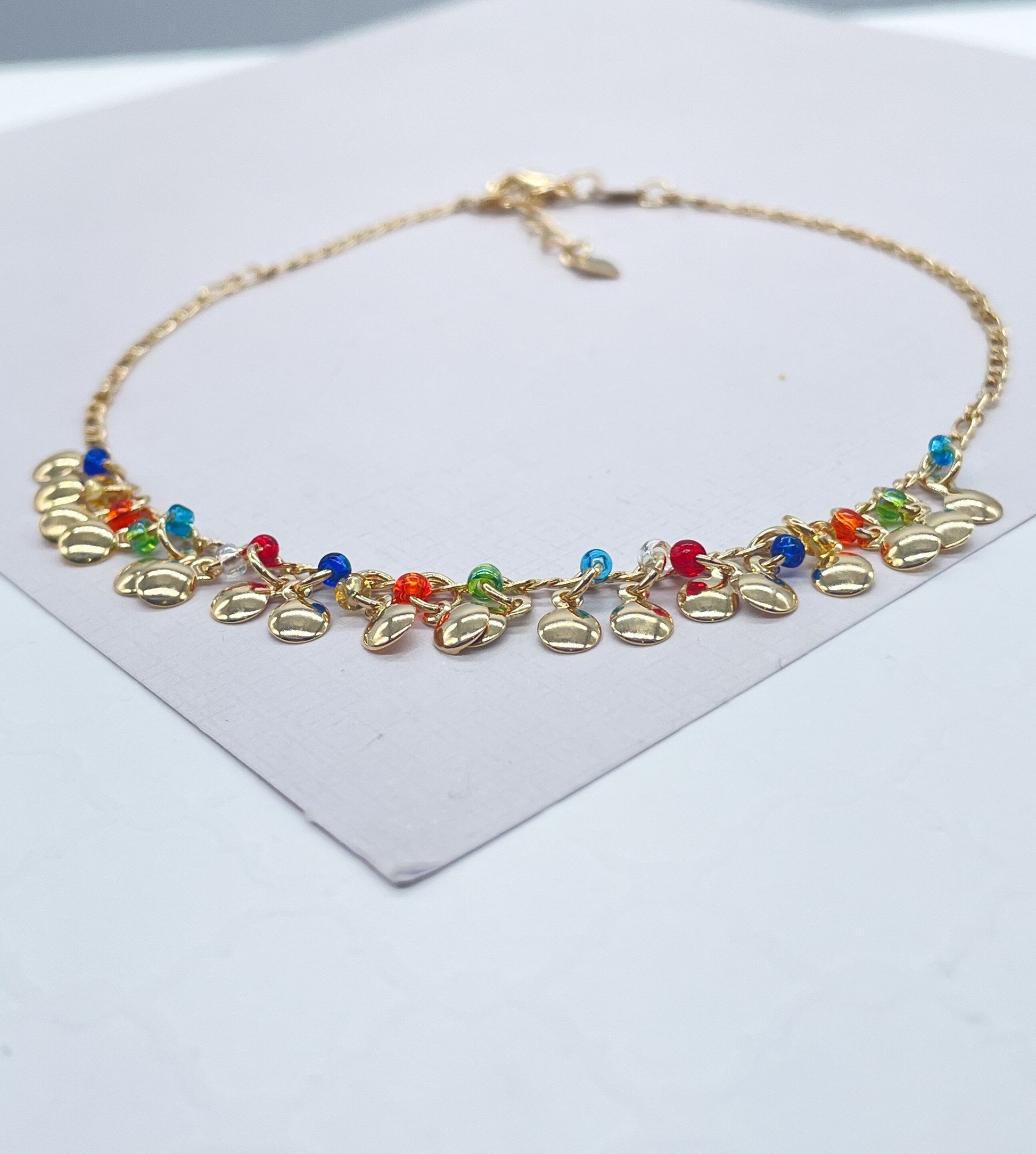 18k Gold Filled Figaro Charm Anklet With With Multi-Colored Small Beads and Flat Gold Charms