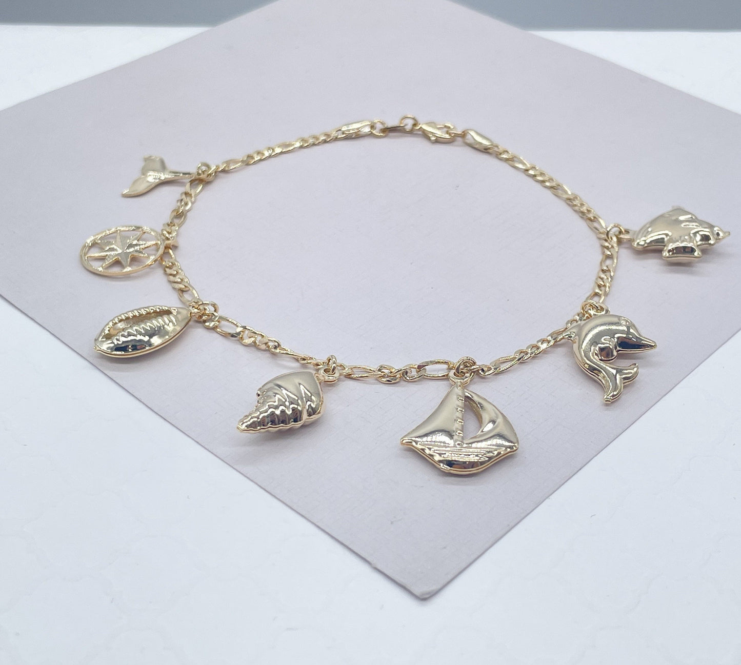 18k Gold Filled Figaro Anklet With Chunky Sea Life Charms