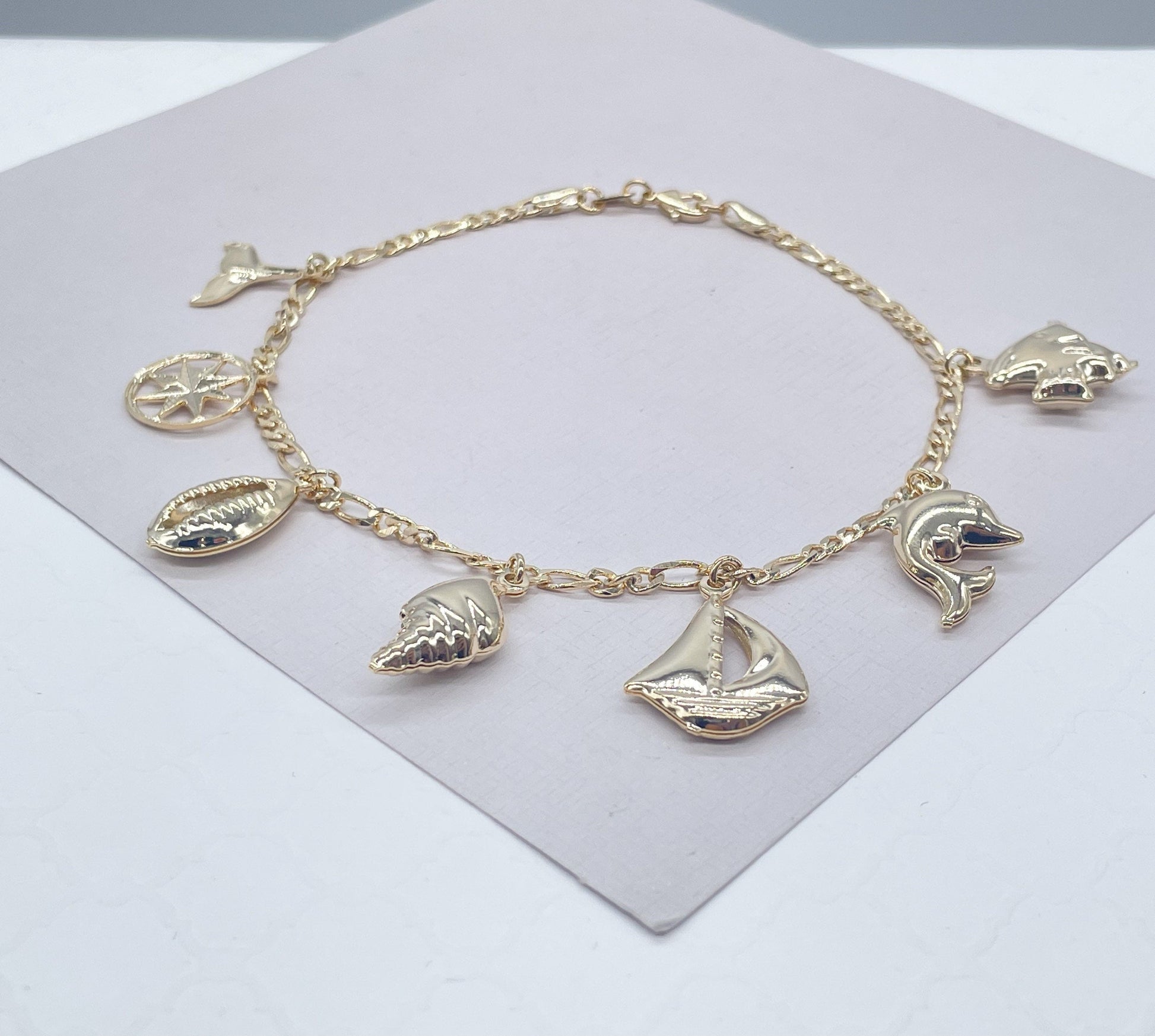 18k Gold Filled Figaro Anklet With Chunky Sea Life Charms