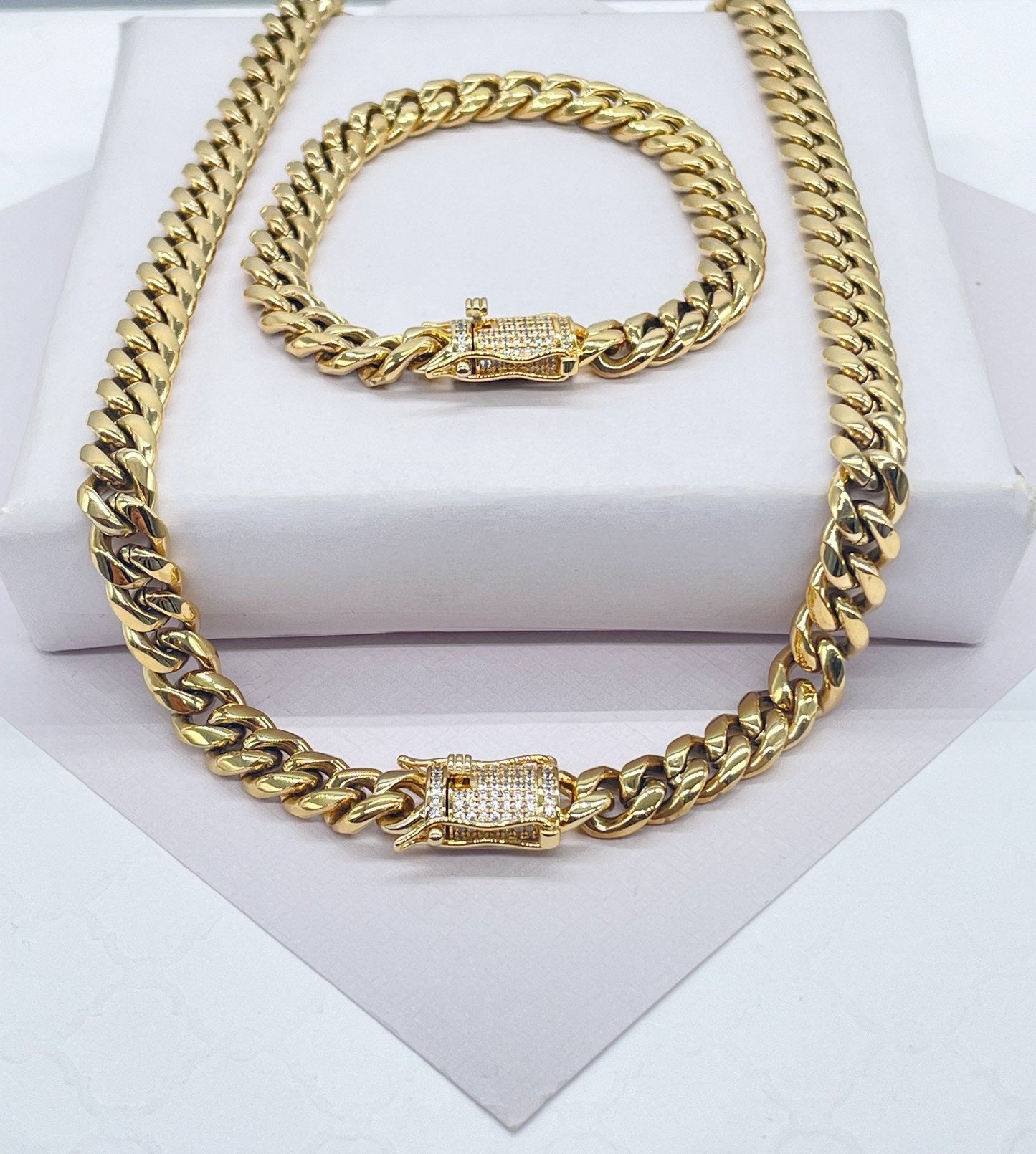 18k Gold Filled Original 8mm Miami Cuban Link Necklace and Bracelet featuring Zirconia Box Clasp