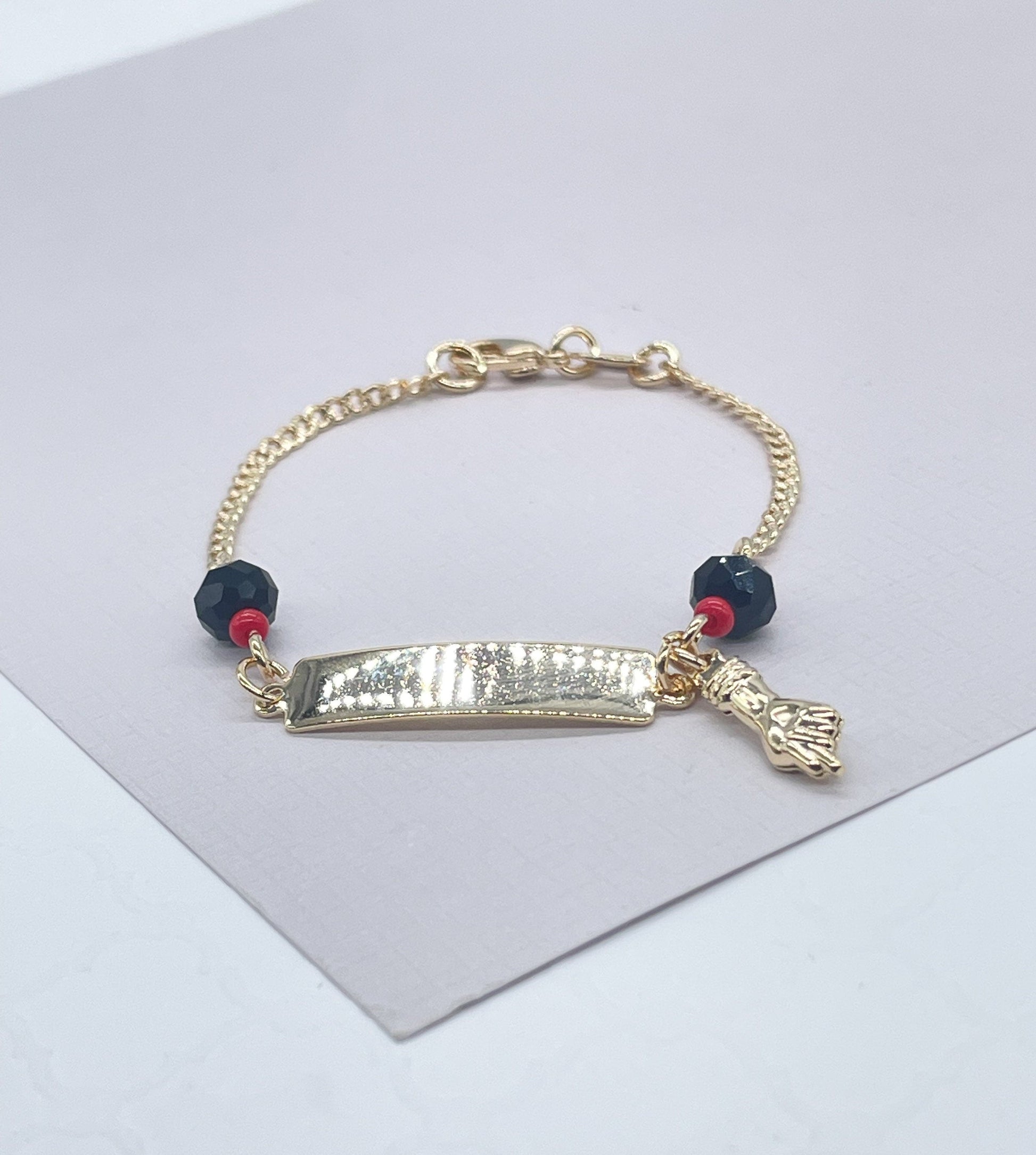 18k Gold Filled Cuban Link ID Bracelet With Azabache Charms on Two Ends