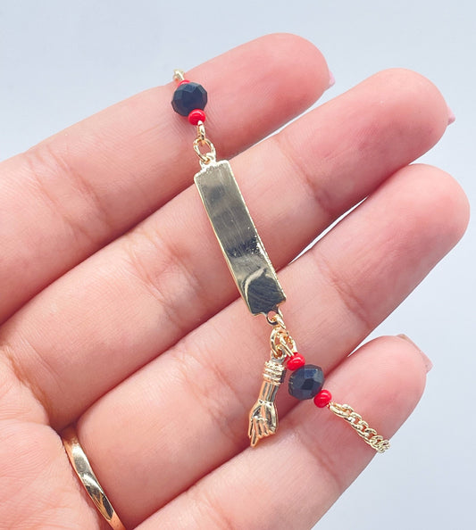 18k Gold Filled Cuban Link ID Bracelet With Azabache Charms on Two Ends