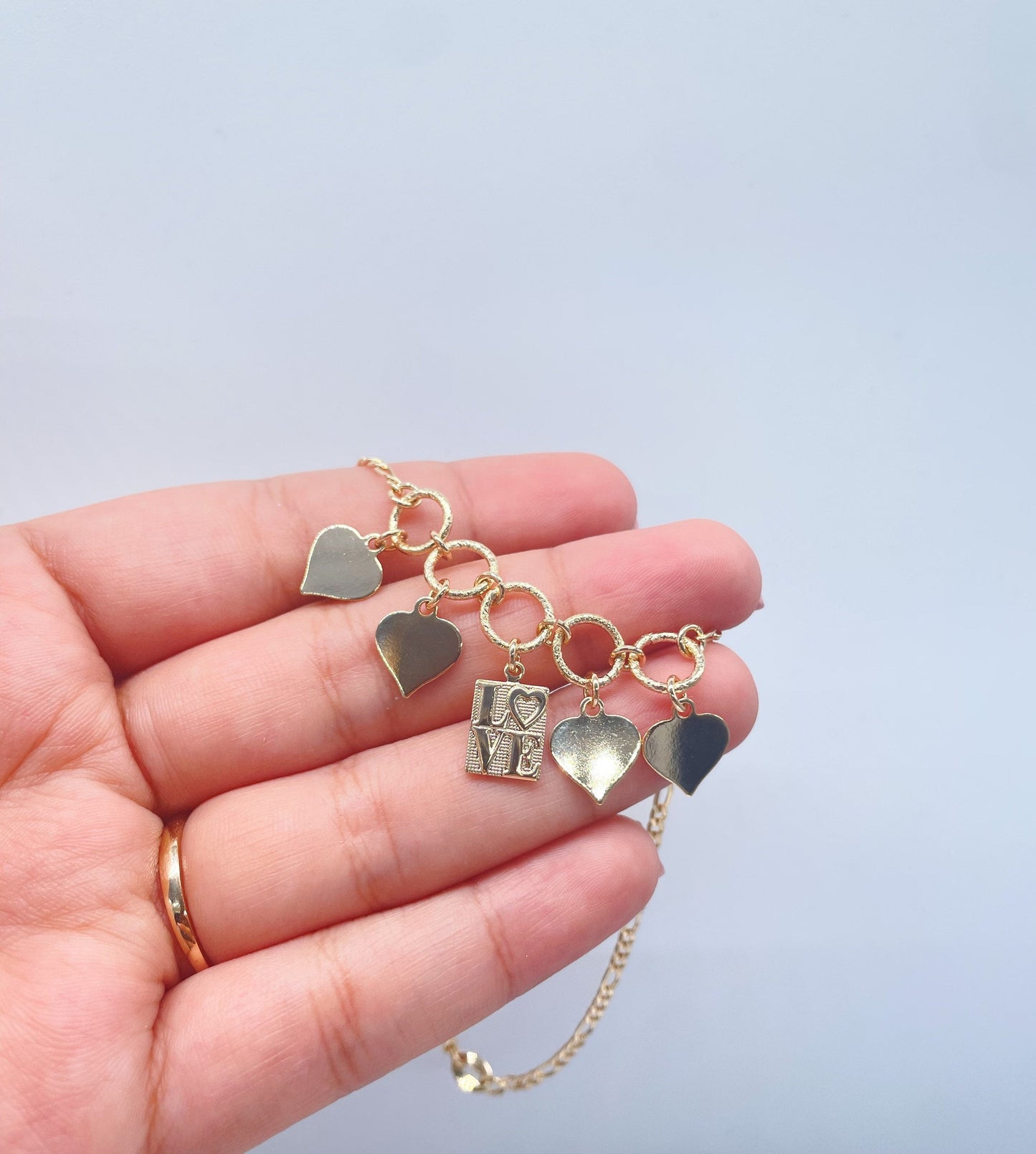 18k Gold Filled Figaro Anklet With Plain Heart Charms & Love Charm