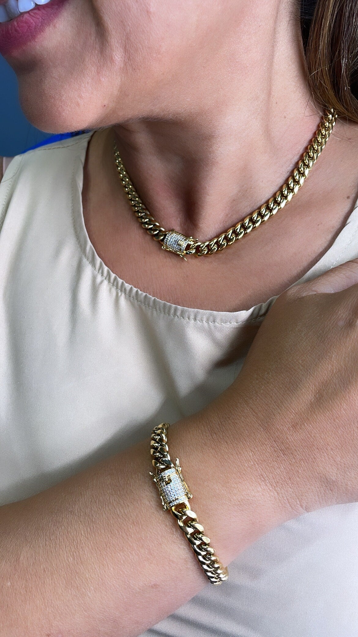 18k Gold Filled Original 8mm Miami Cuban Link Necklace and Bracelet featuring Zirconia Box Clasp