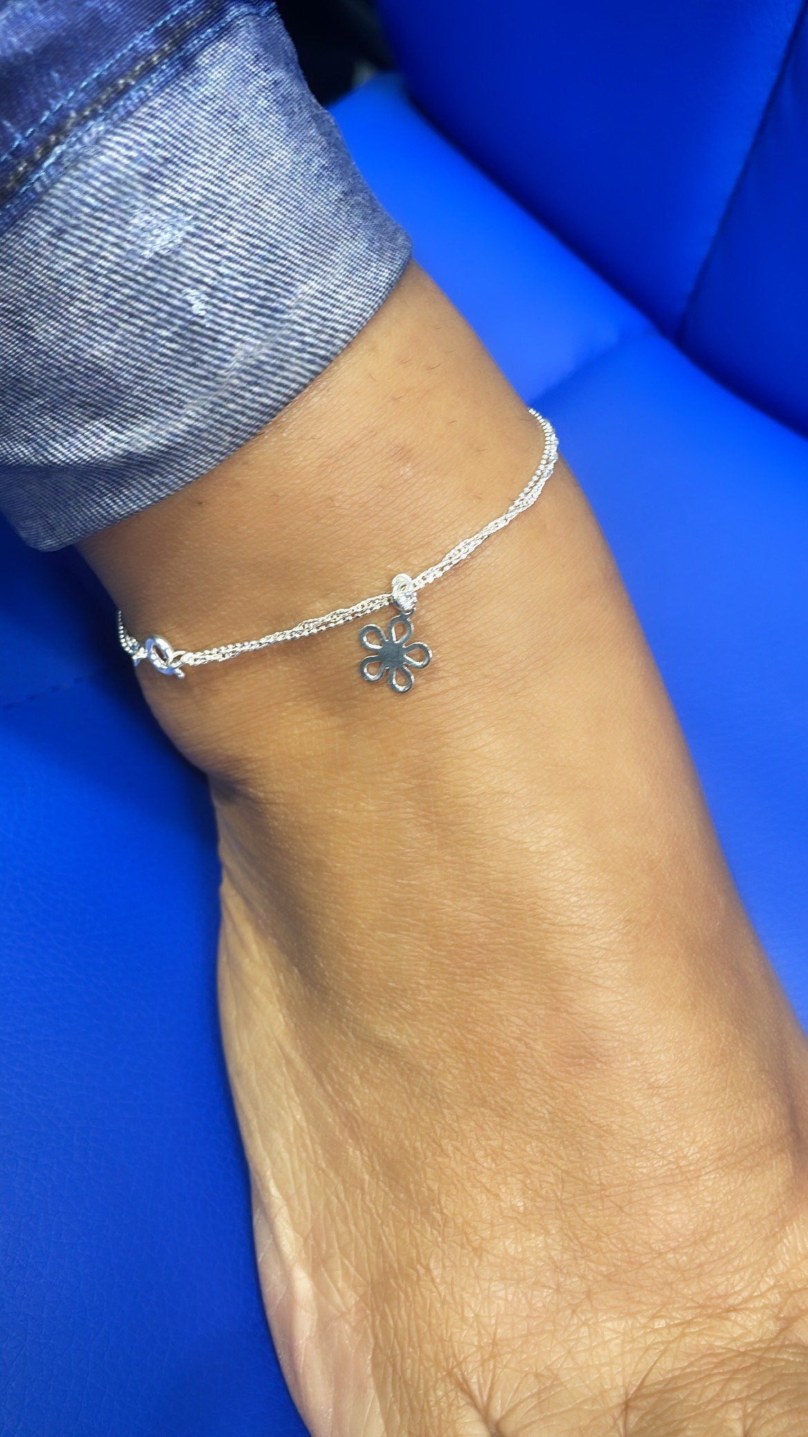 18k Silver Filled Dainty Double-Chain Anklet With Hanging Plain Flower & Zirconia Stone