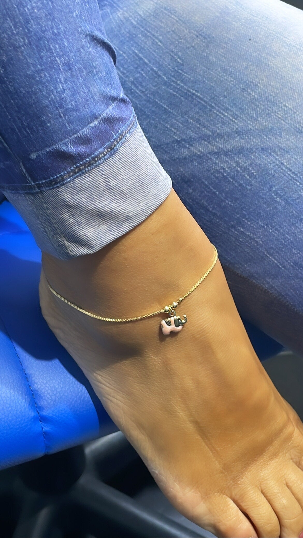 18k Gold Filled Box Chain Anklet With Pastel Colored Elephant Charm