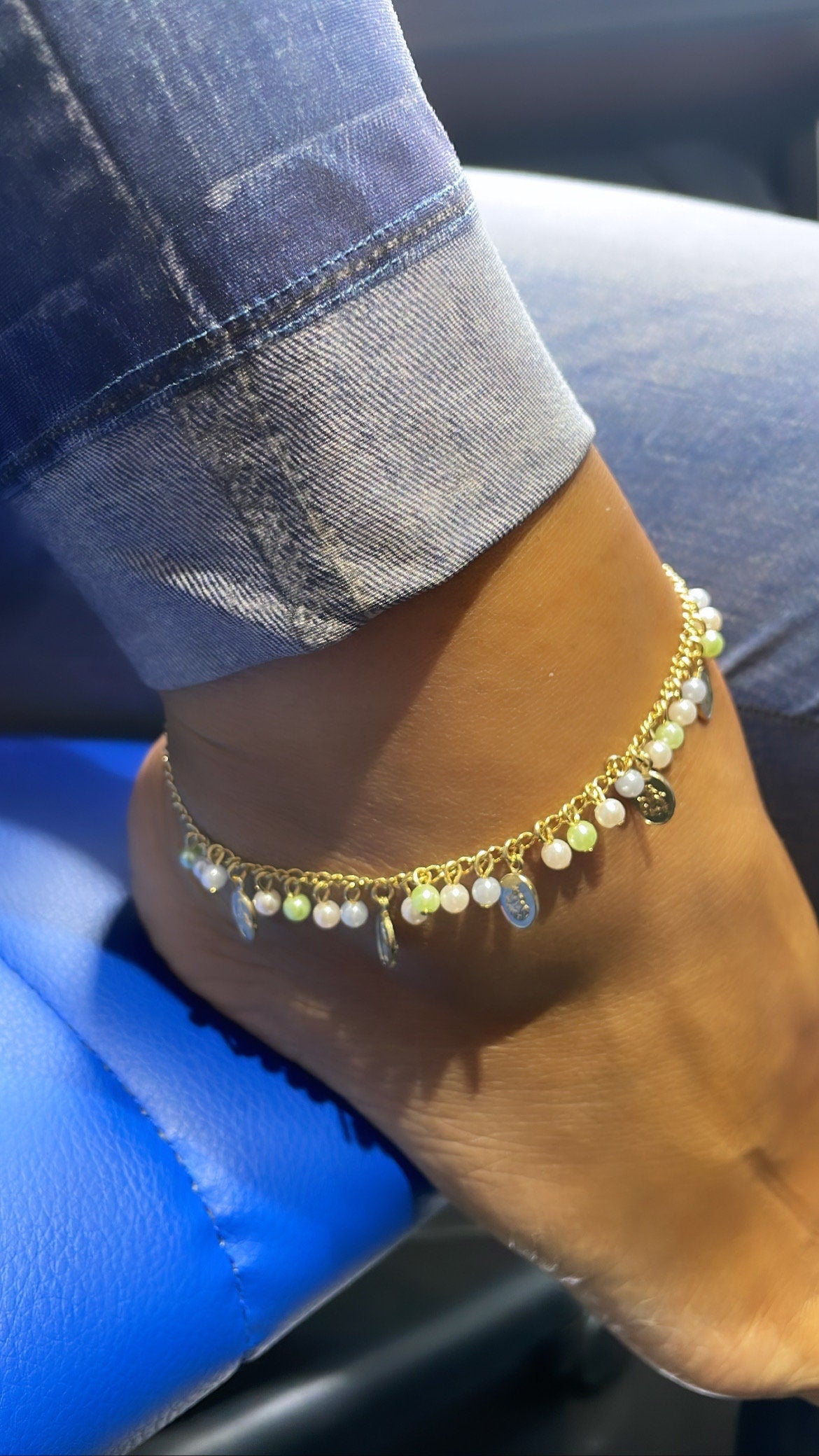 18k Gold Filled Dainty Anklet With Pastel Bead Charms and Small Virgin Mary Medals