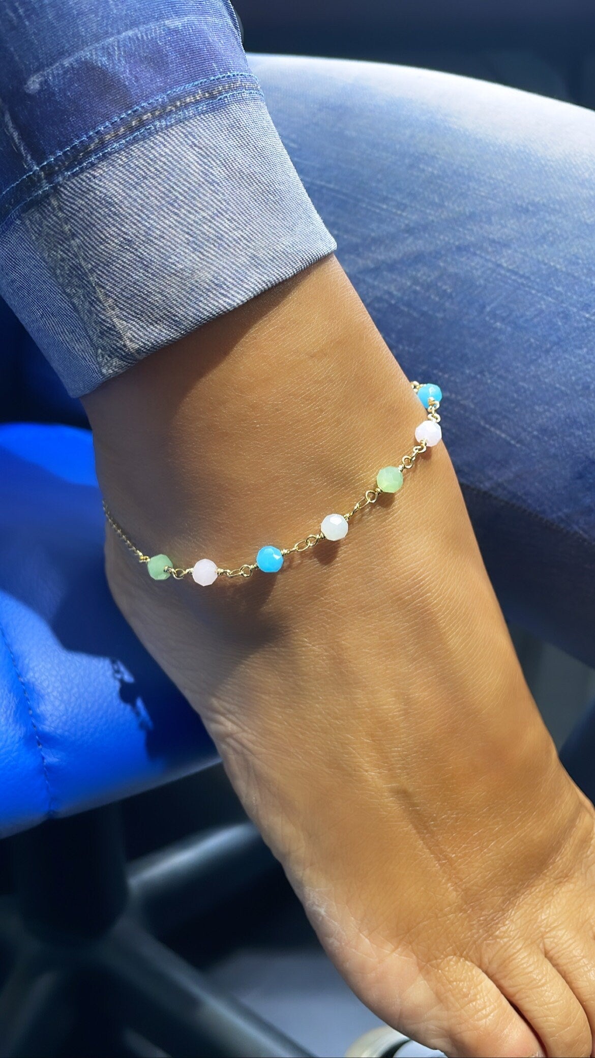 18k Gold Filled Curb Link Anklet With Multi-Colored Beads