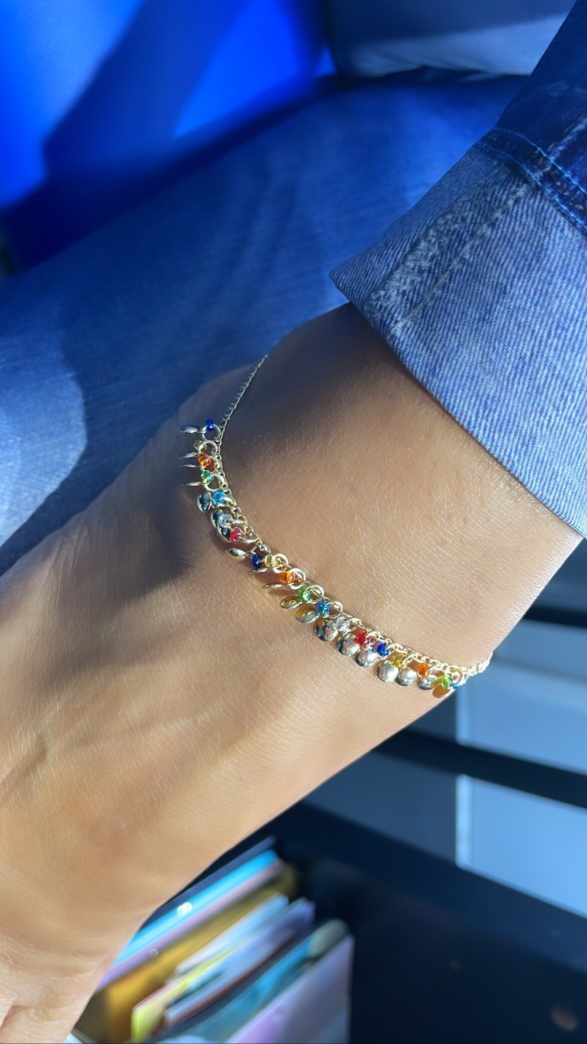 18k Gold Filled Figaro Charm Anklet With With Multi-Colored Small Beads and Flat Gold Charms