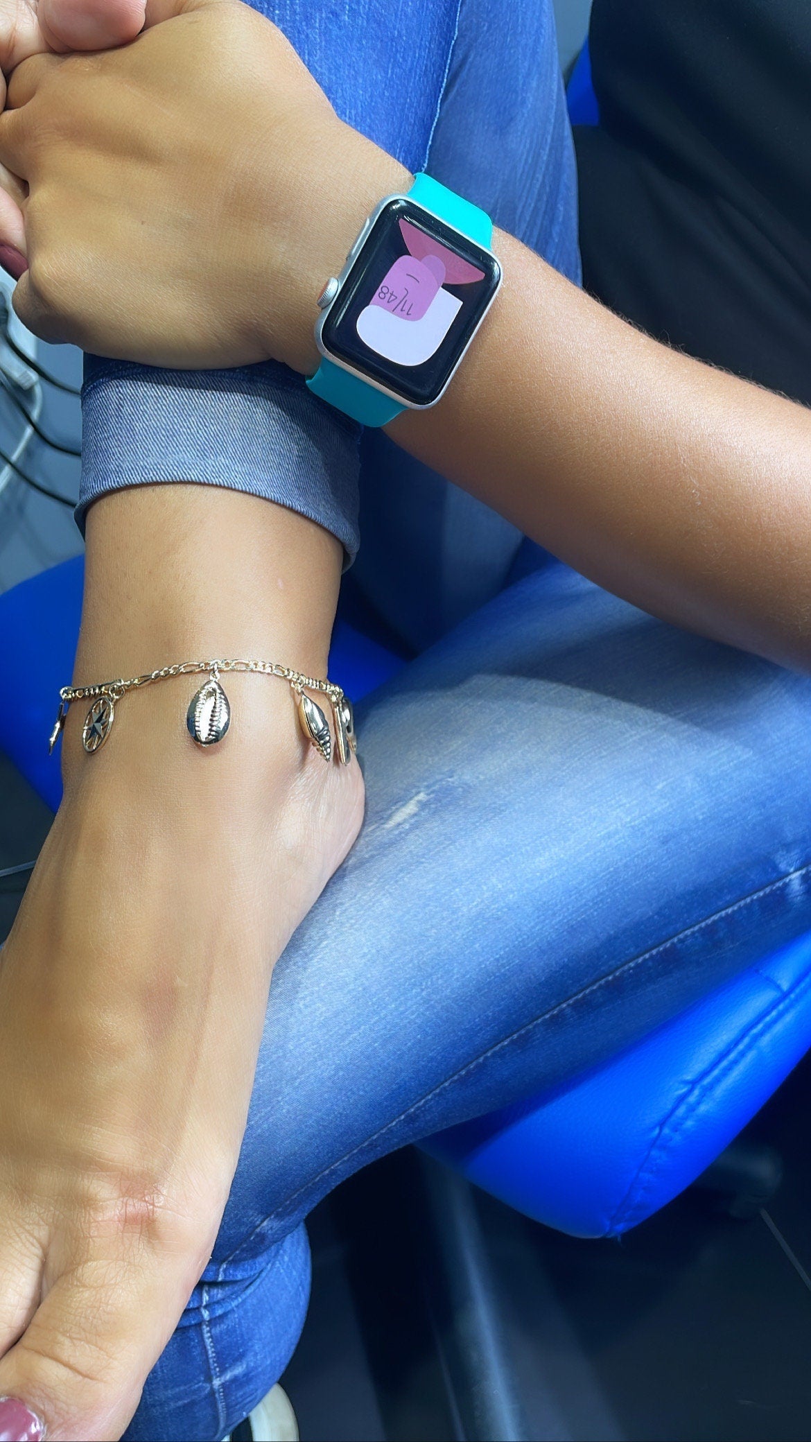 18k Gold Filled Figaro Chain Anklet With Ocean Animal Charms & Conch shell