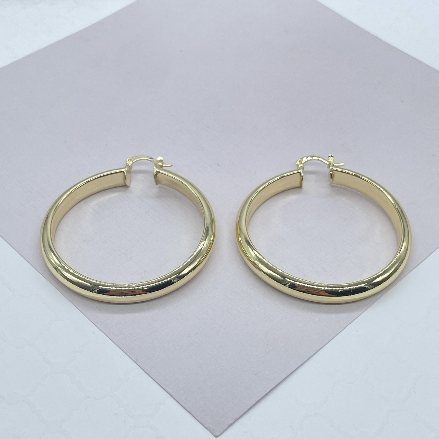 18k Gold Filled Thick Flat Inside Hoop Earrings, Plain Gold Fat